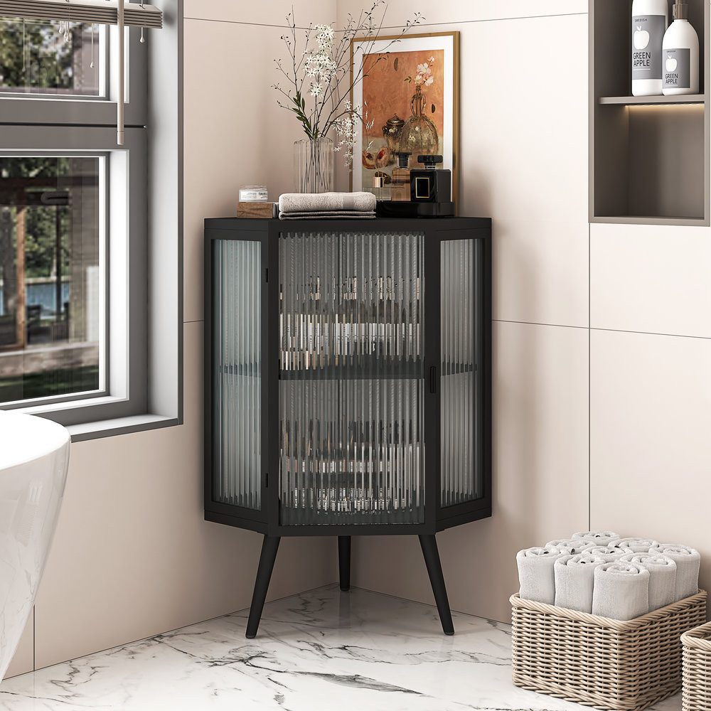 Odikalo Eckvitrine 80 order110cm Boden Eckschrank,viele Ebenen mit Gehärteten‑Glastüren (Drei Ebenen mit Ablageböden,für Badezimmer, Wohnzimmer und Schlafzimmer Schwarz/Weiß)