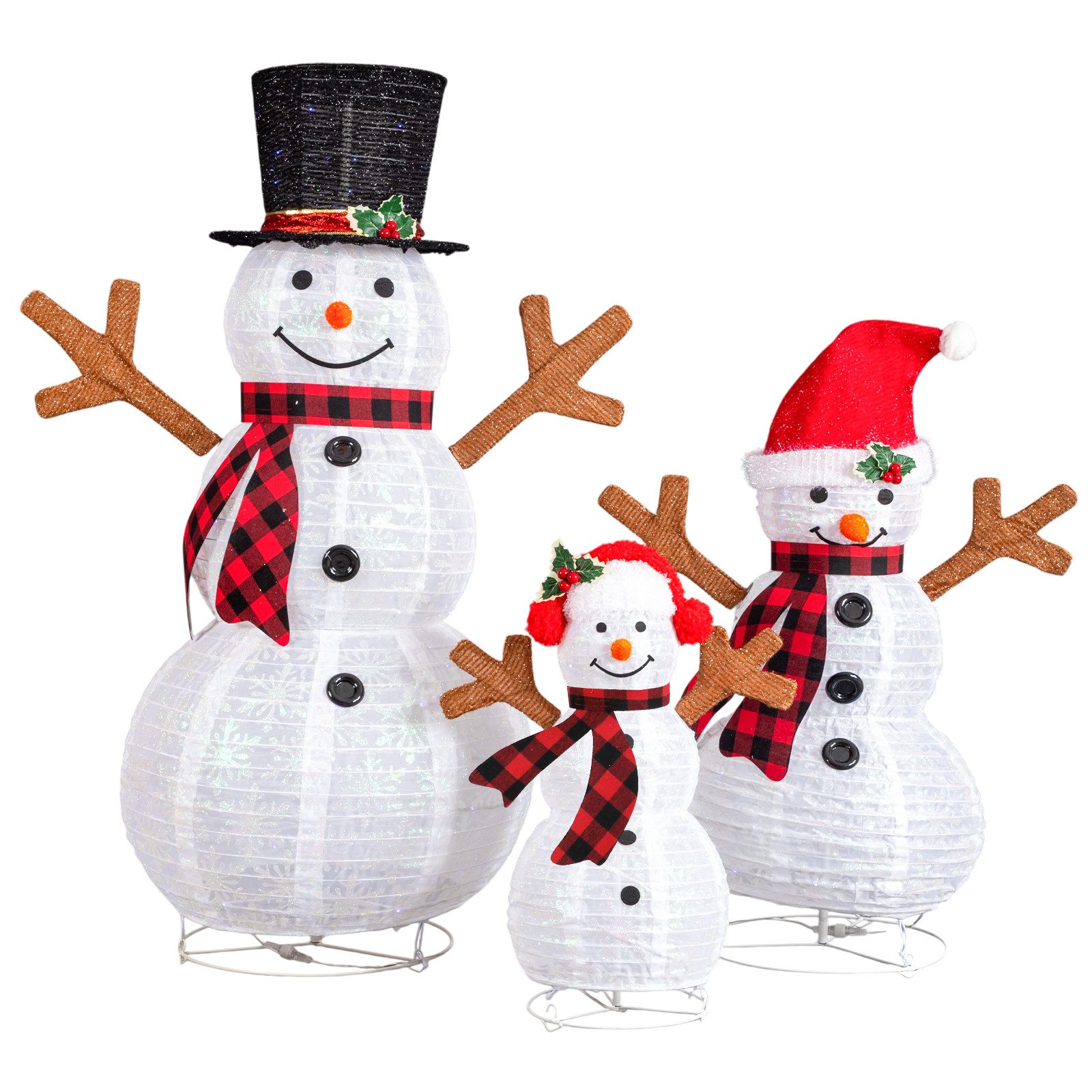 VINGLI LED Dekofigur 3-teilige Beleuchtete Schneemann-Familie Weihnachtsdekoration, aus Schneeflocken Glitzerstoff, 270 Weißen LEDs, 60/90/120 cm