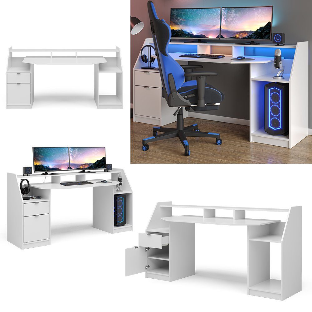 Groß Schreibtisch PC-Tisch JOEL Gamingtisch Weiß Computertisch Vicco