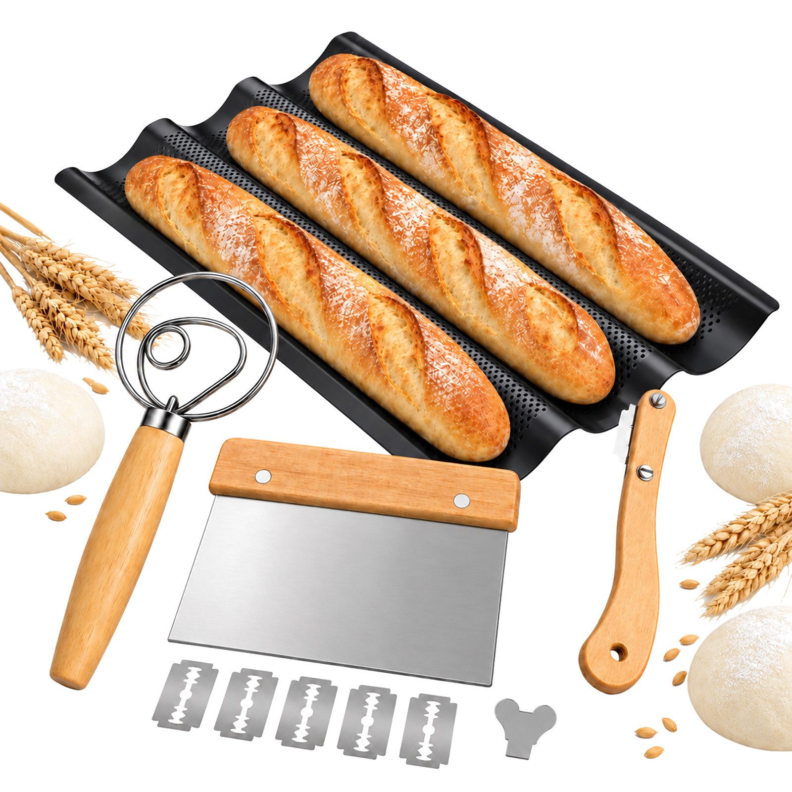 PFCTART Baguetteblech Baguette-Backform, Sauerteig-Backset, Brot backen Zubehör, (Set, 4-St., Antihaft, Karbonstahl, 3 Mulden, perforiert, Holzgriffe, Hobbybäcker), Dänischer Schneebesen, Teigkarte, Sauerteig Zubehör, Bäckermesser