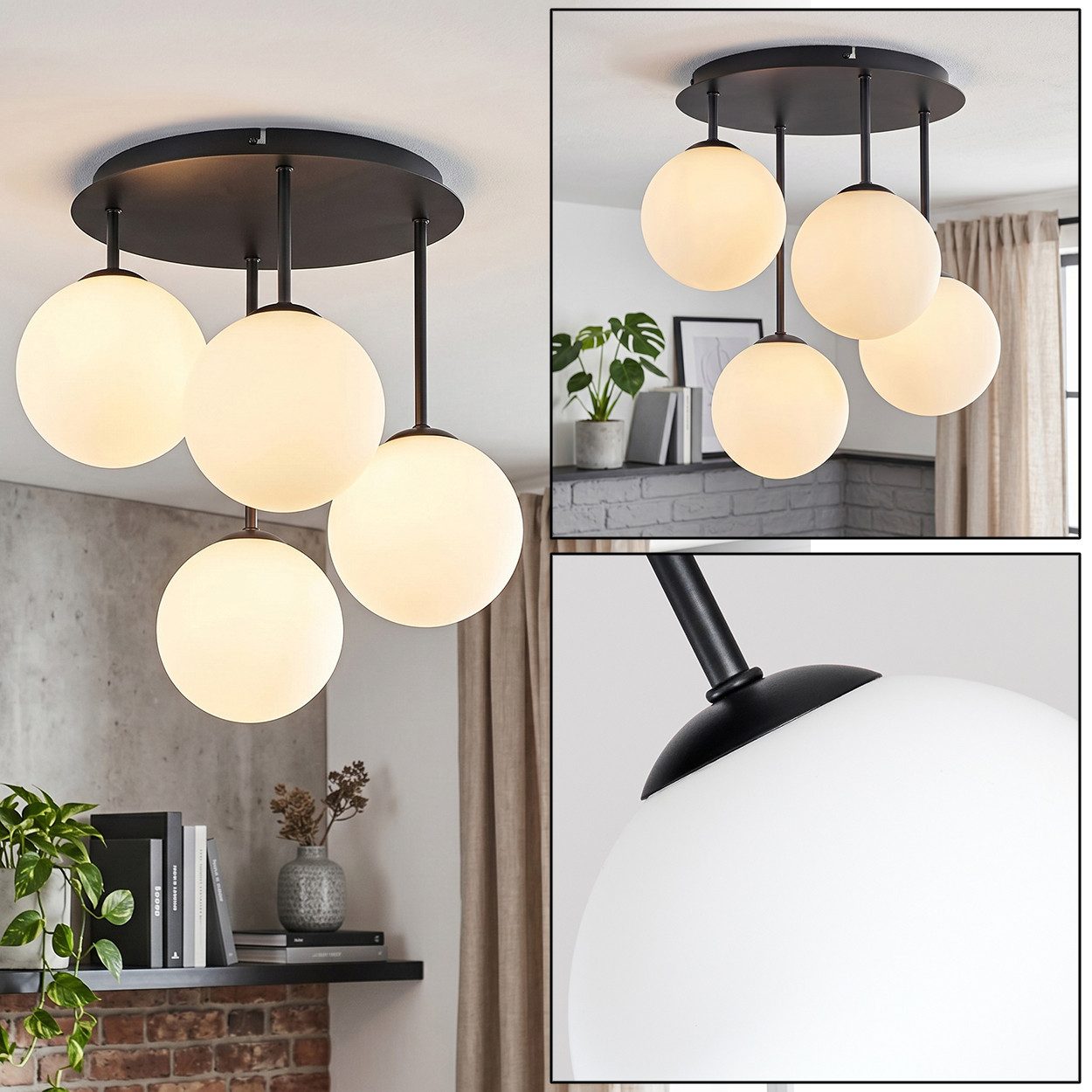 hofstein Deckenleuchte Deckenlampe aus Metall/Milchglas in Schwarz/Weiß, moderne Deckenleuchte im Retro/Vintage-Design, 4 x G9