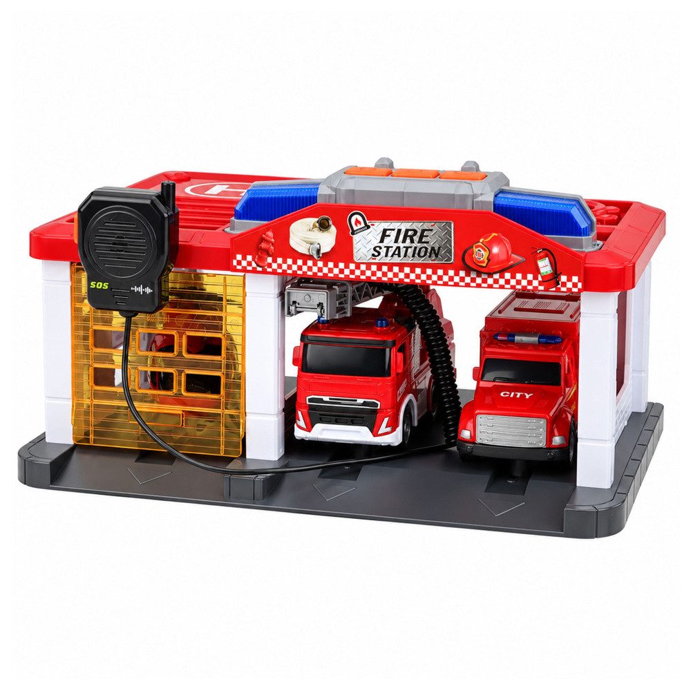 LEAN TOYS Spiel-Feuerwehrwache Feuerwehrgarage Rettungsstation Einsatzfahrzeuge (Spar-Set, 1-tlg., 32x17x21 cm beleuchtet), Licht & Sound, Funkgerät, Garagentor, 2 Fahrzeuge