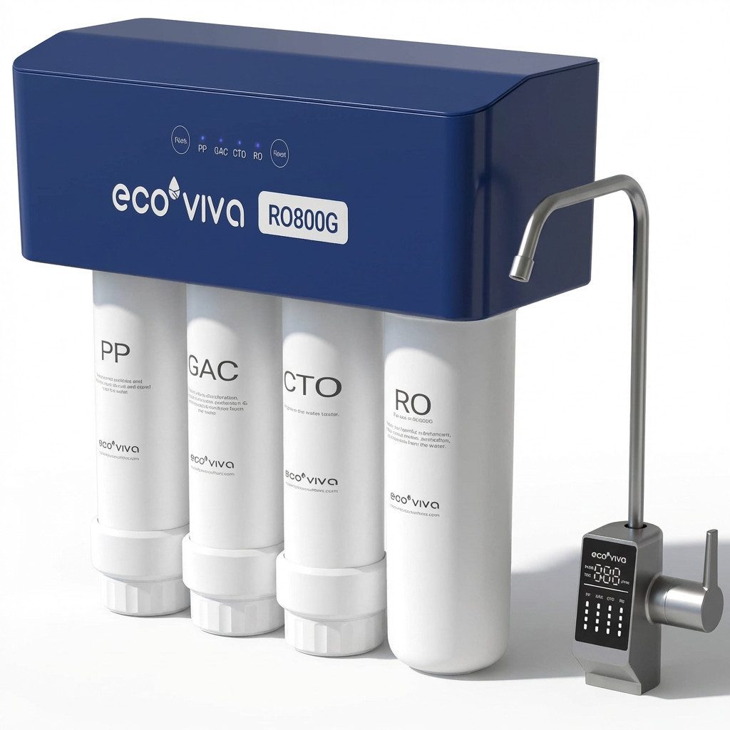 Ecoviva Wasserfilter RO800G Untertisch Umkehrosmoseanlage, 9‑Stufen-Filtration, 3:1 Abwasser, Remineralisierung, Tanklos