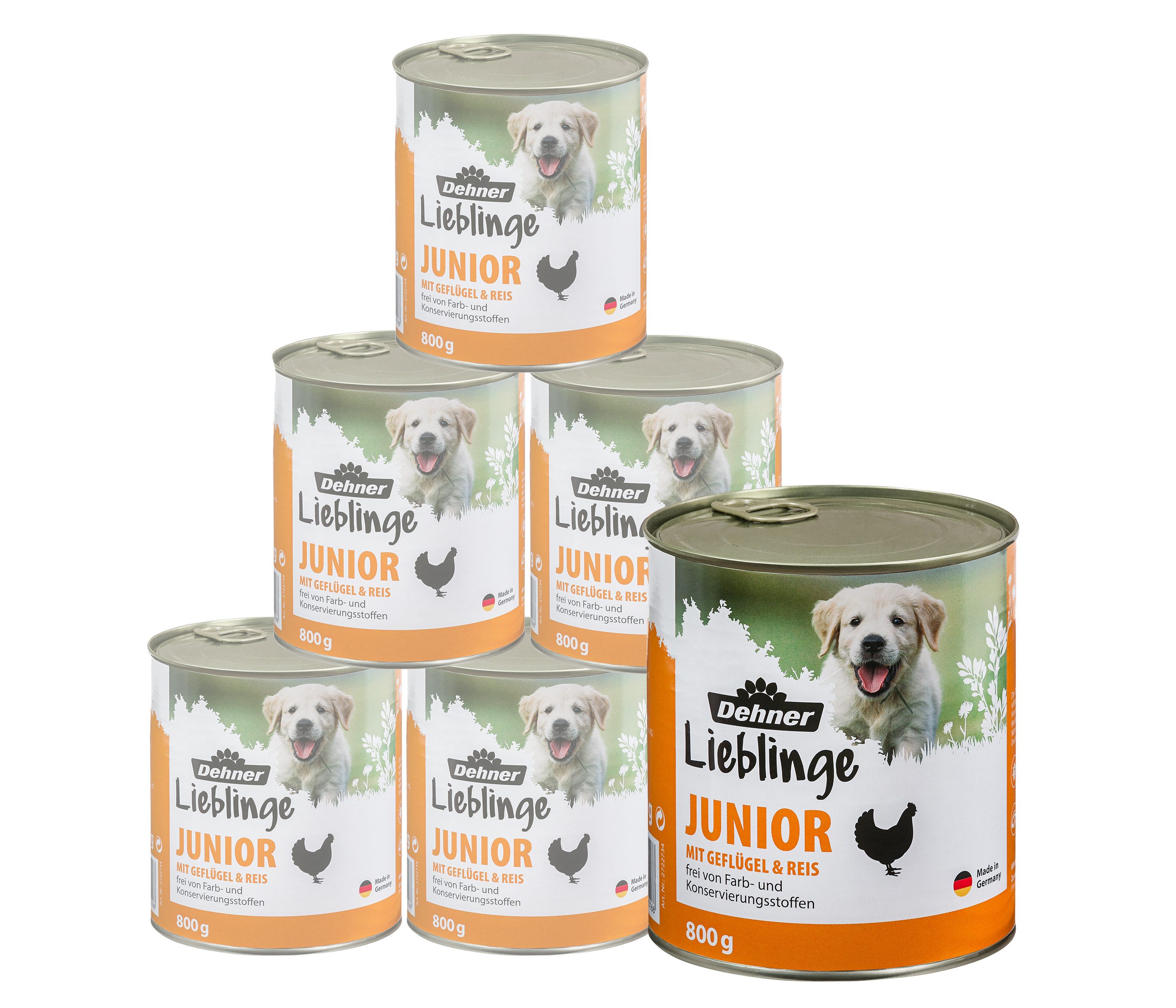 Dehner Lieblinge Junior Geflügel / Reis, 6 x 800 g Dose Geflügel, 4800g, Nassfutter für Welpen / junge Hunde, vitaminreich