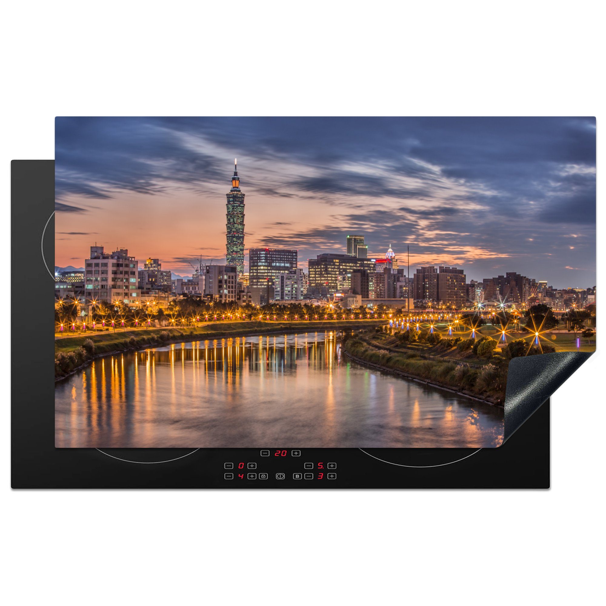 MuchoWow Herdblende-/Abdeckplatte Sonnenuntergang am Taipei 101 in Taiwan mit Spiegelung im Wasser, Vinyl, (1 tlg), 83x51 cm, Ceranfeldabdeckung, Arbeitsplatte für küche | Herdabdeckplatten