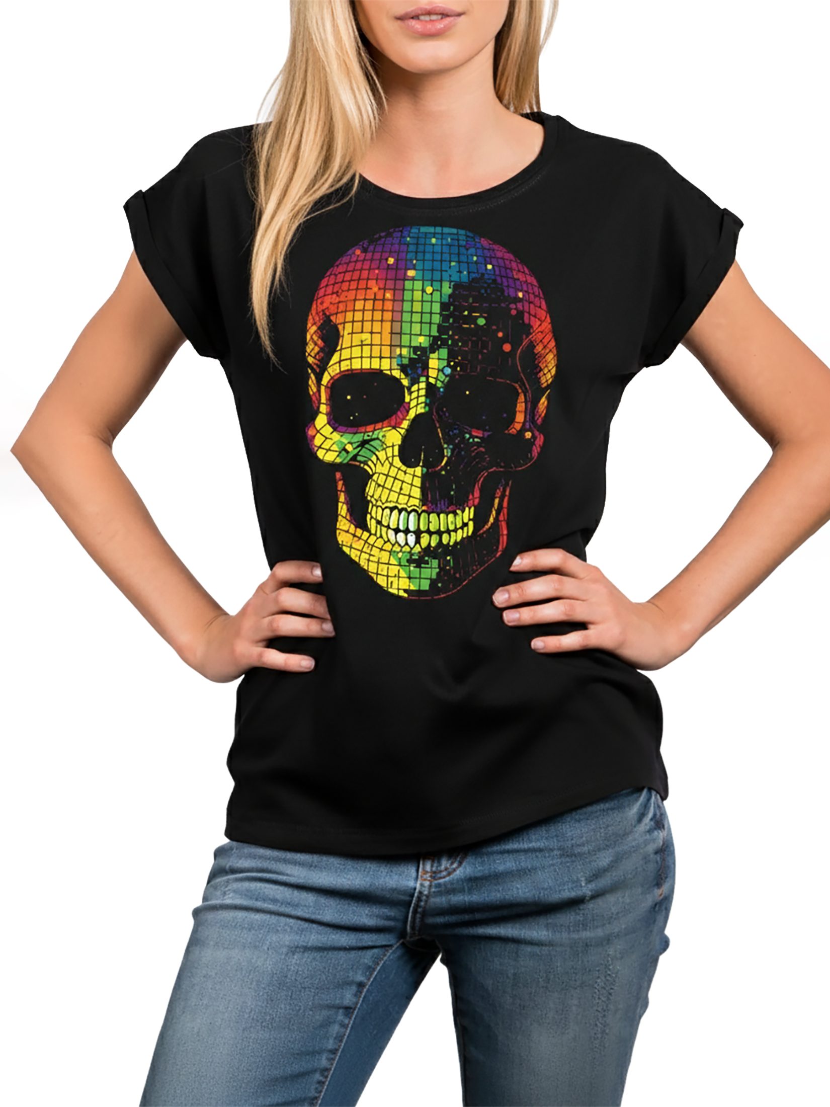 MAKAYA Print-Shirt Damen Skull Kurzarm Disco Top Totenkopf Motiv rockige Sommer Oberteile Kurzarmshirt
