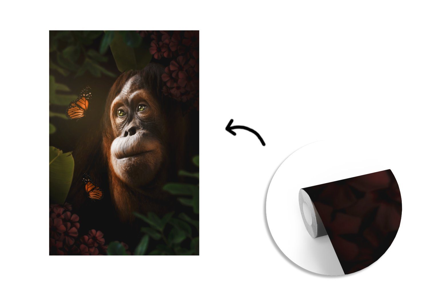 MuchoWow Fototapete Schmetterling - Dschungel Affe, Matt, Wohnzimmer, Vinyl (3 - Montagefertig bedruckt, für Tapete Wandtapete St)