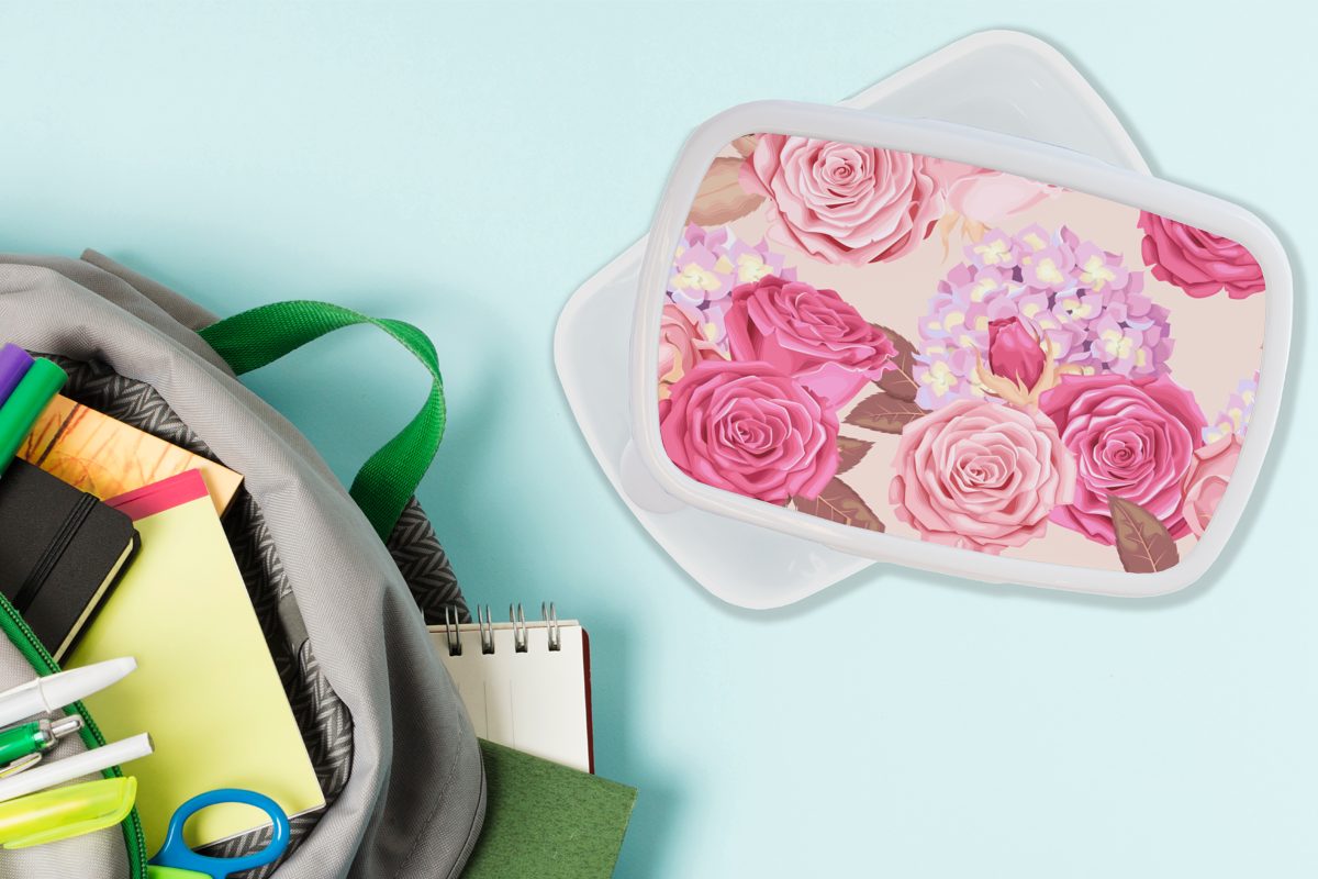 Jungs weiß Kunststoff, für Hortensien MuchoWow - Erwachsene, Rosen Kinder Rosa, - Lunchbox und (2-tlg), - und für Brotdose, Blumen Brotbox Mädchen