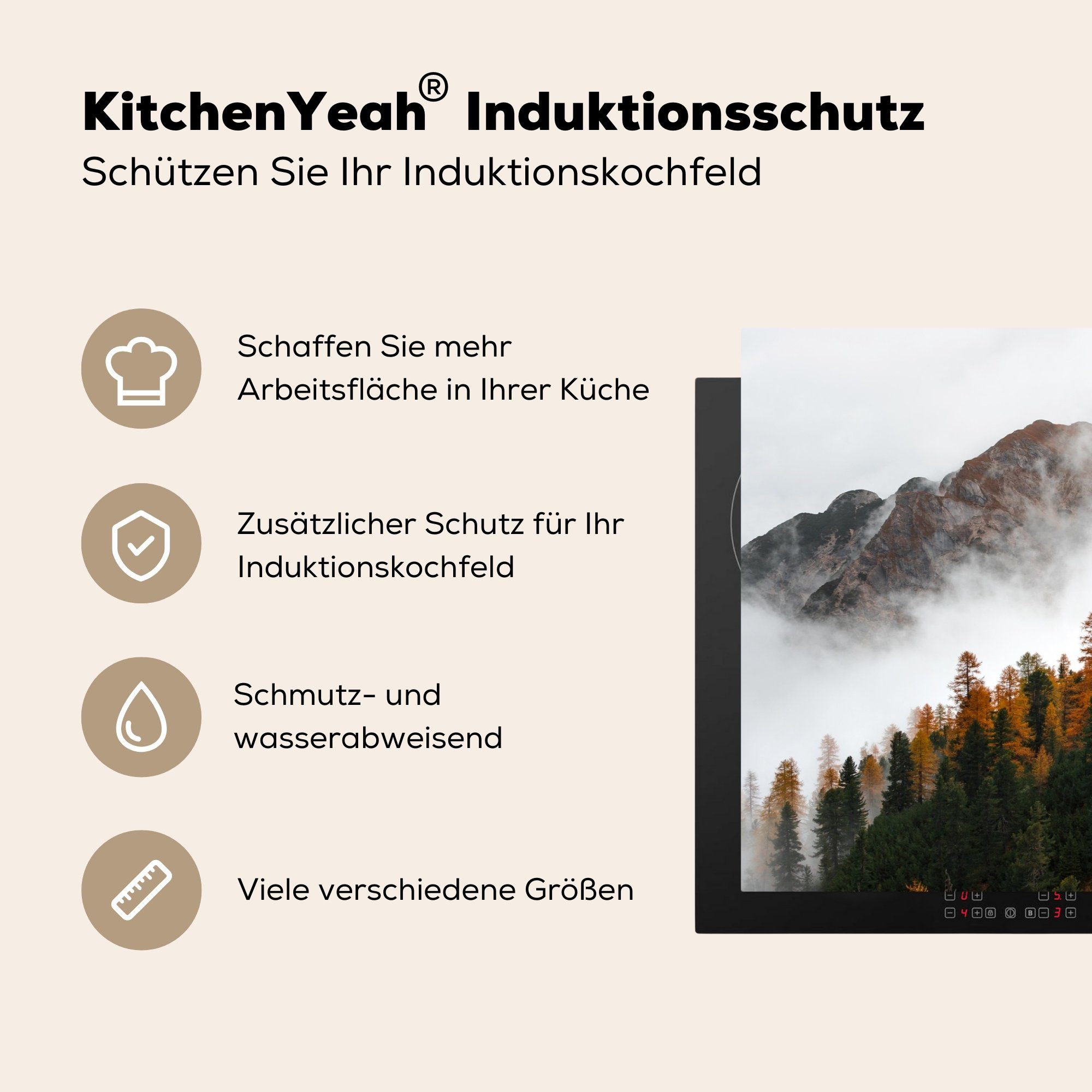 Berg küche, Vinyl, tlg), Induktionskochfeld 81x52 Schutz MuchoWow (1 - die Nebel Herdblende-/Abdeckplatte - für Wald, cm, Ceranfeldabdeckung