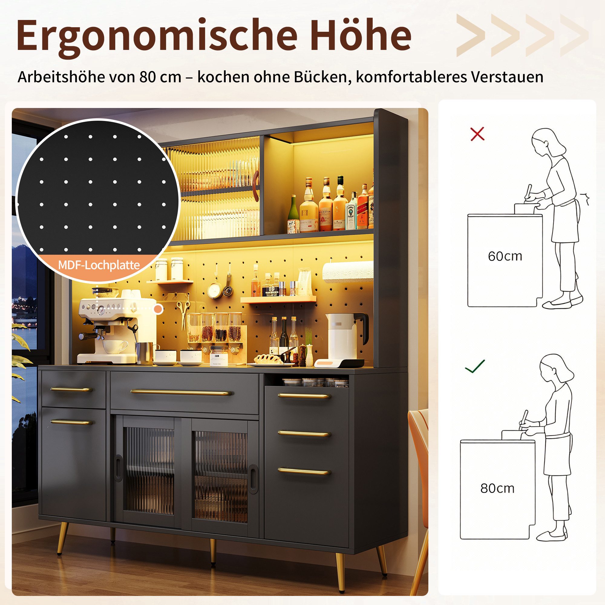 Celya Sideboard mit LED, Glastür und Schublade (Ergonomische Arbeitsflächenhöhe, Ausgestattet mit MDF-Lochwand und verstellbaren Regalböden), für Küche und Wohnzimmer