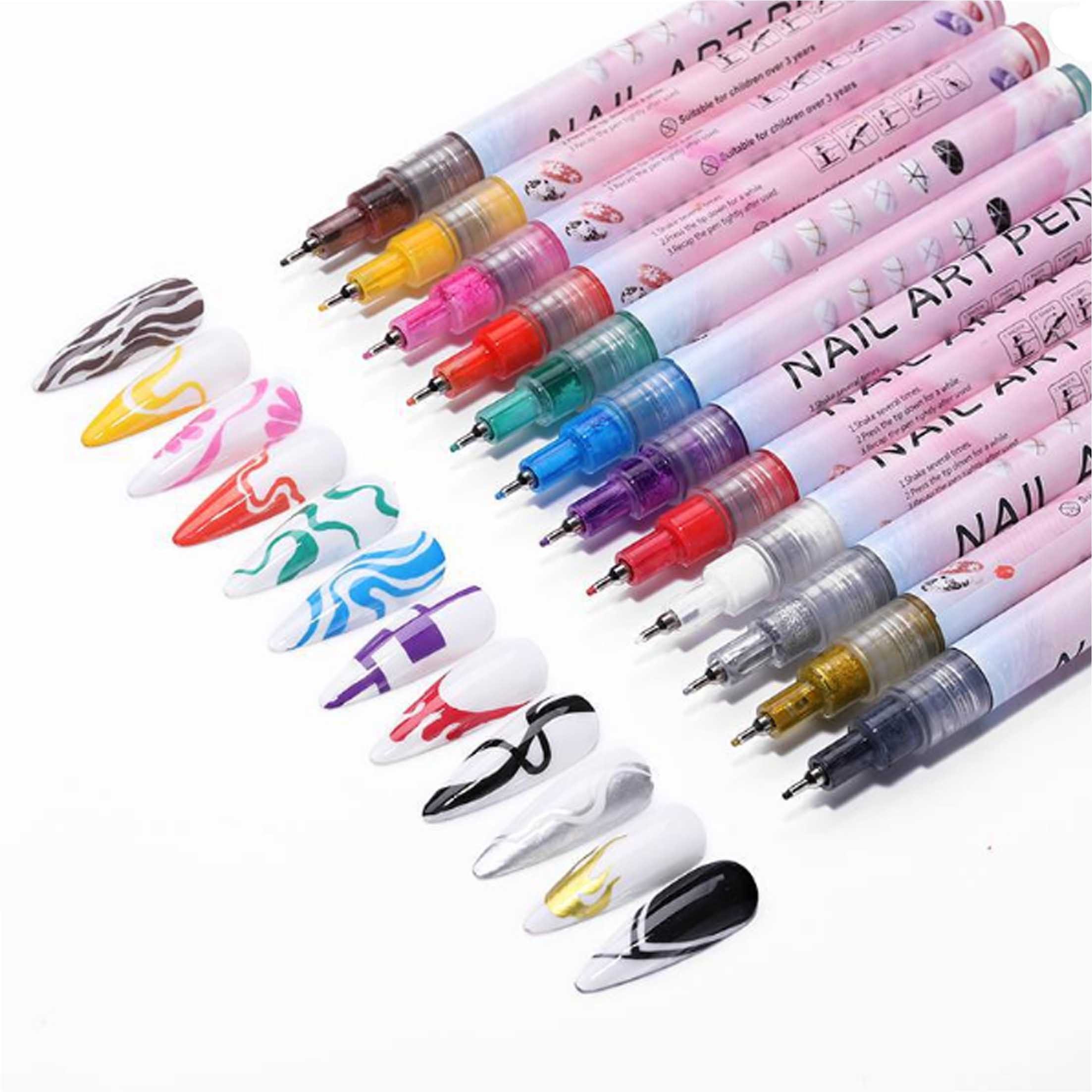 KINSI Nageldesign Zubehör 12 Farben Nail Art Stift Set, Punkt- & Linienstift, DIY Nagelkunst, 12-tlg., Acrylfarbe Nailart-Stifte-Set für Zuhause und Den Salon Nagel-DIY