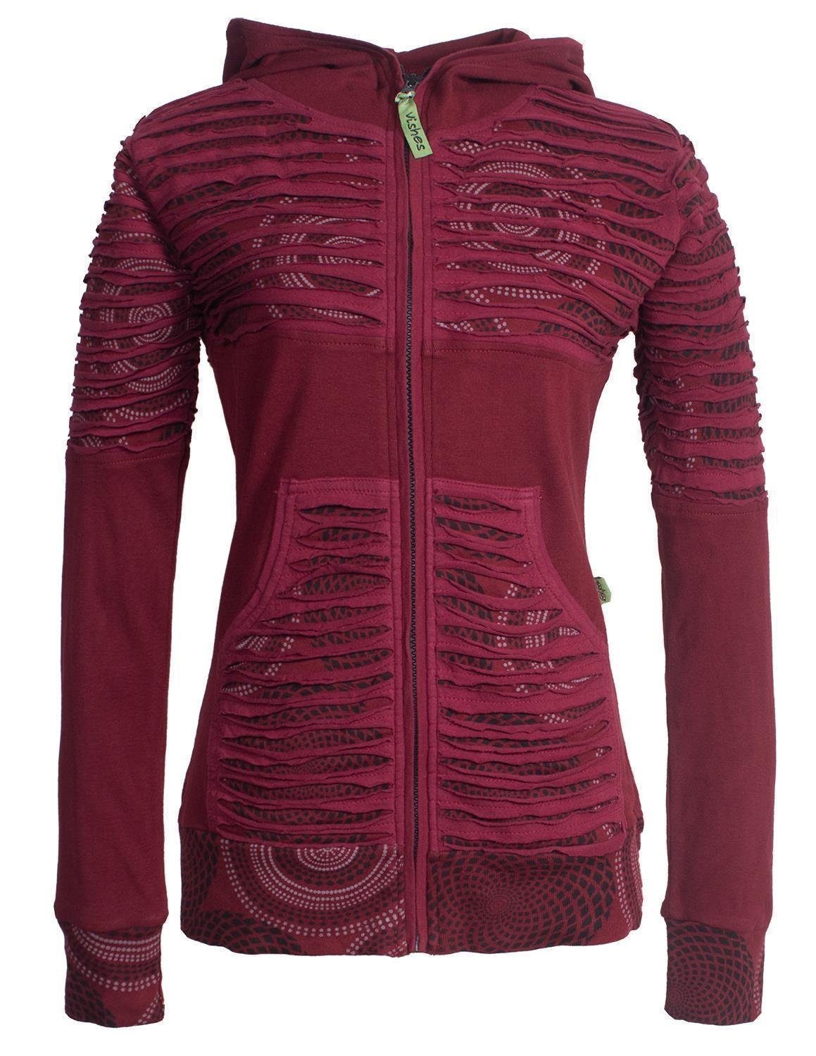 Vishes Kapuzensweatjacke Patchwork Cutwork Mandala mit Kapuzenjacke Hippie, Goa dunkelrot Elfen, Hoodie (1-tlg) Boho, Gestreift, Style