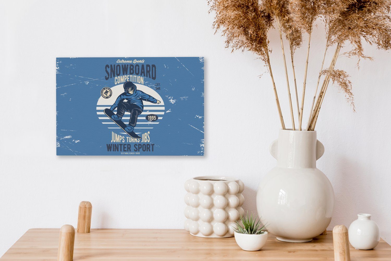 OneMillionCanvasses® Leinwandbild - Mann Aufhängefertig, St), Vintage, Snowboard (1 - Leinwandbilder, 30x20 Wandbild Wanddeko, cm