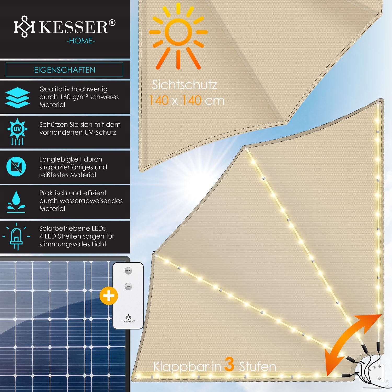 KESSER Sonnensegel, KESSER® Balkonfächer mit LED klappbar mit Wandhalterung günstig online kaufen
