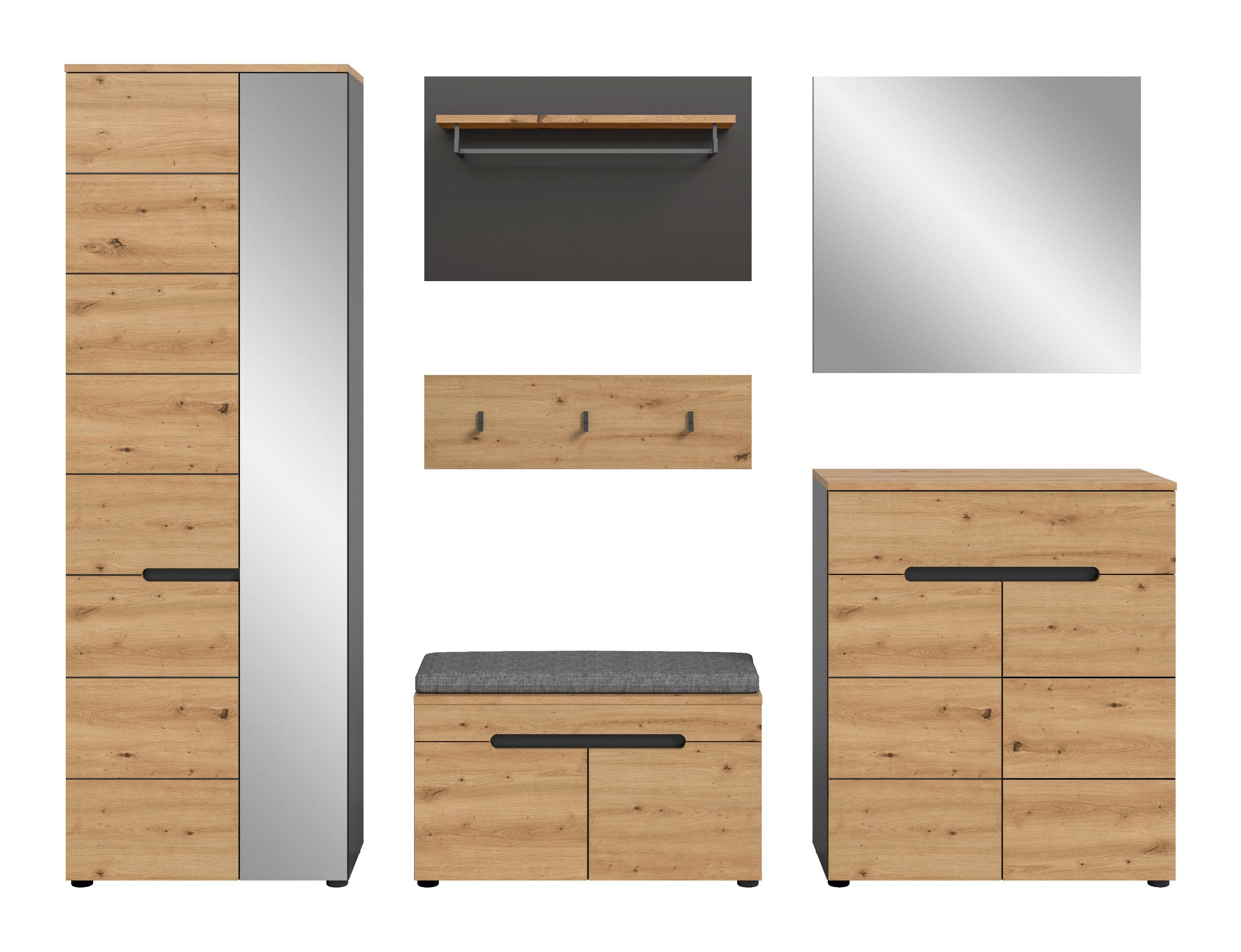 xonox.home Garderoben-Set Canu, (6tlg. Set inkl. Garderobenschrank, Sitzbank, Paneel, Schuhkommode), Basalt grau Nachbildung Melamin beschichtet modern 255x190x37 cm