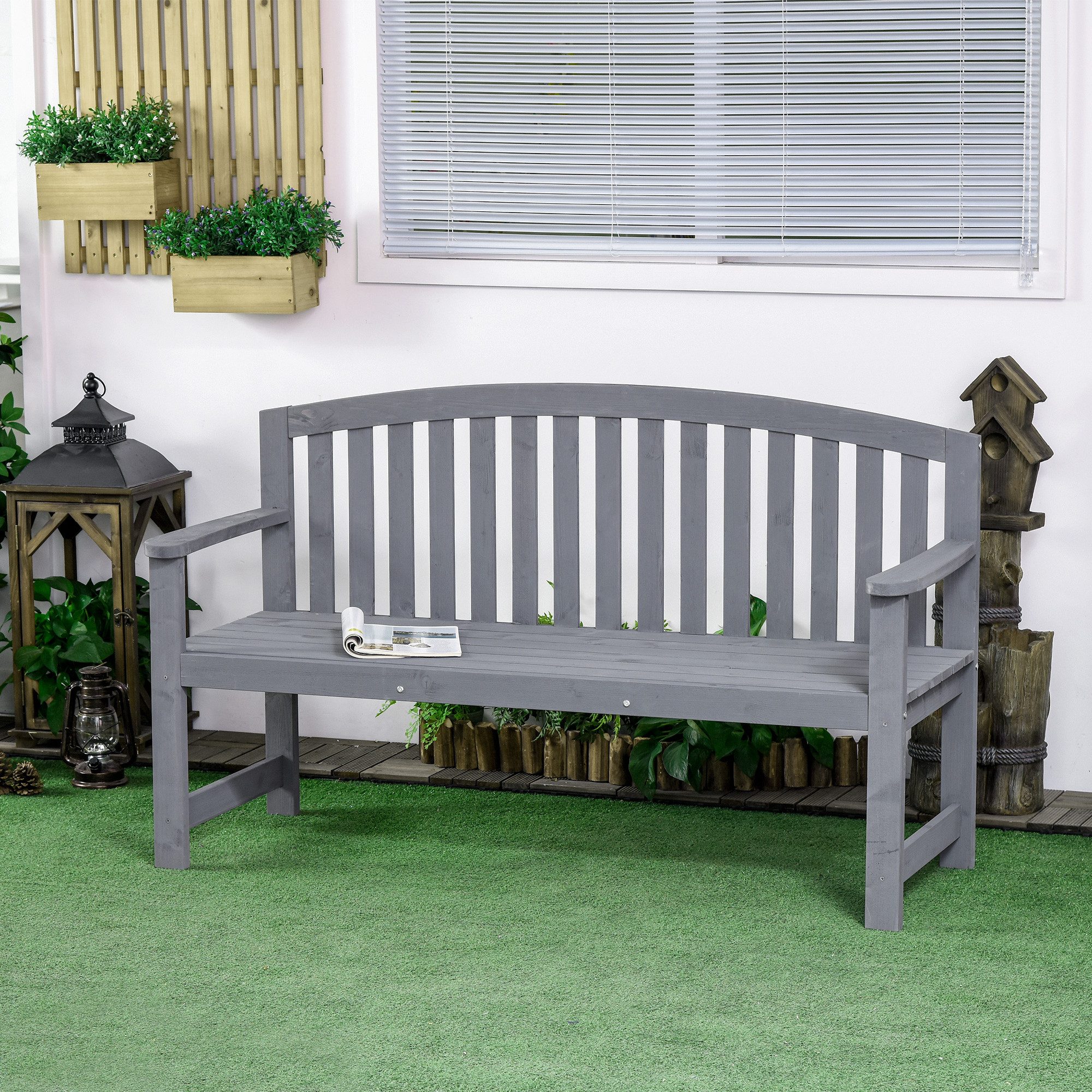 Outsunny Gartenbank mit Rückenlehnen (Parkbank, 1-St., Sitzbank), für Balkon Terrasse, Garten, 143 x 51 x 85 cm, Grau