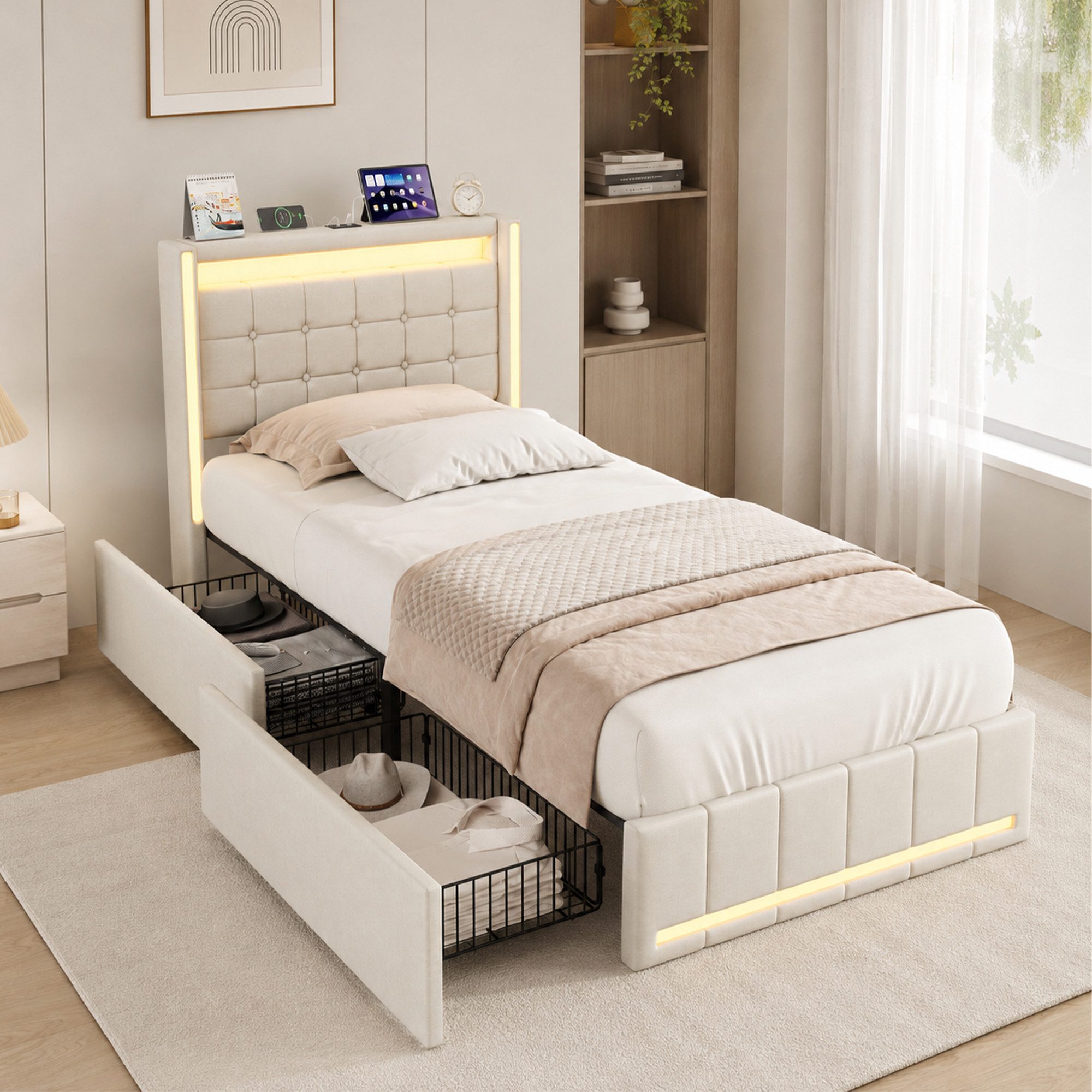 Simurq Einzelbett Stauraum 90x200, Polsterbett beige, Bett mit Type C (Bett mit Schubladen mit LED-System, USB & Type-C), Einzelbett, Polsterbett, Jugendzimmer Bett mit 2 Schubladen