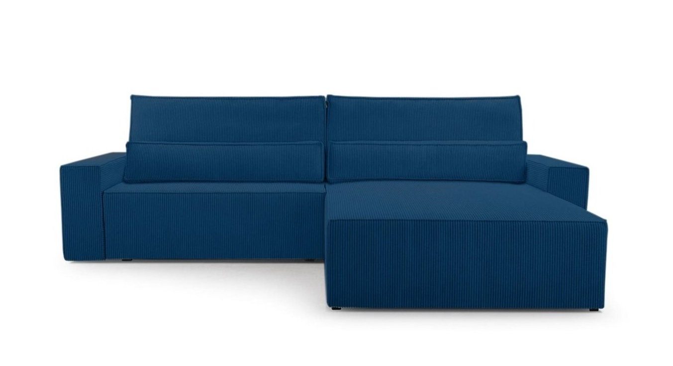 MOEBLO Ecksofa DENVER, mane beidseitig montierbar Couch Cord für Wohnzimmer Schlafsofa Sofagarnitur Sofa Eckcouch L-Form Cordstoff - 297x85x185cm, mit Schlaffunktion und Bettkasten Dunkelblau (Poso 05)