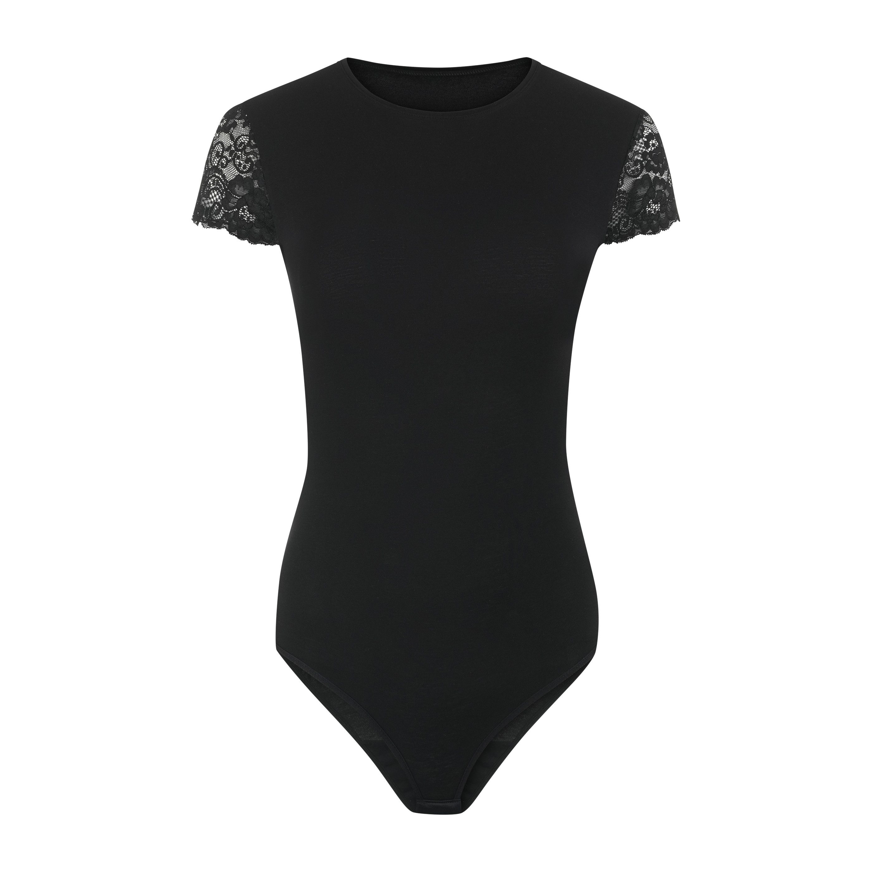 Evoni Body für Damen Kurzarm Baumwolle hoher Rundkragen & Spitze figurbetont