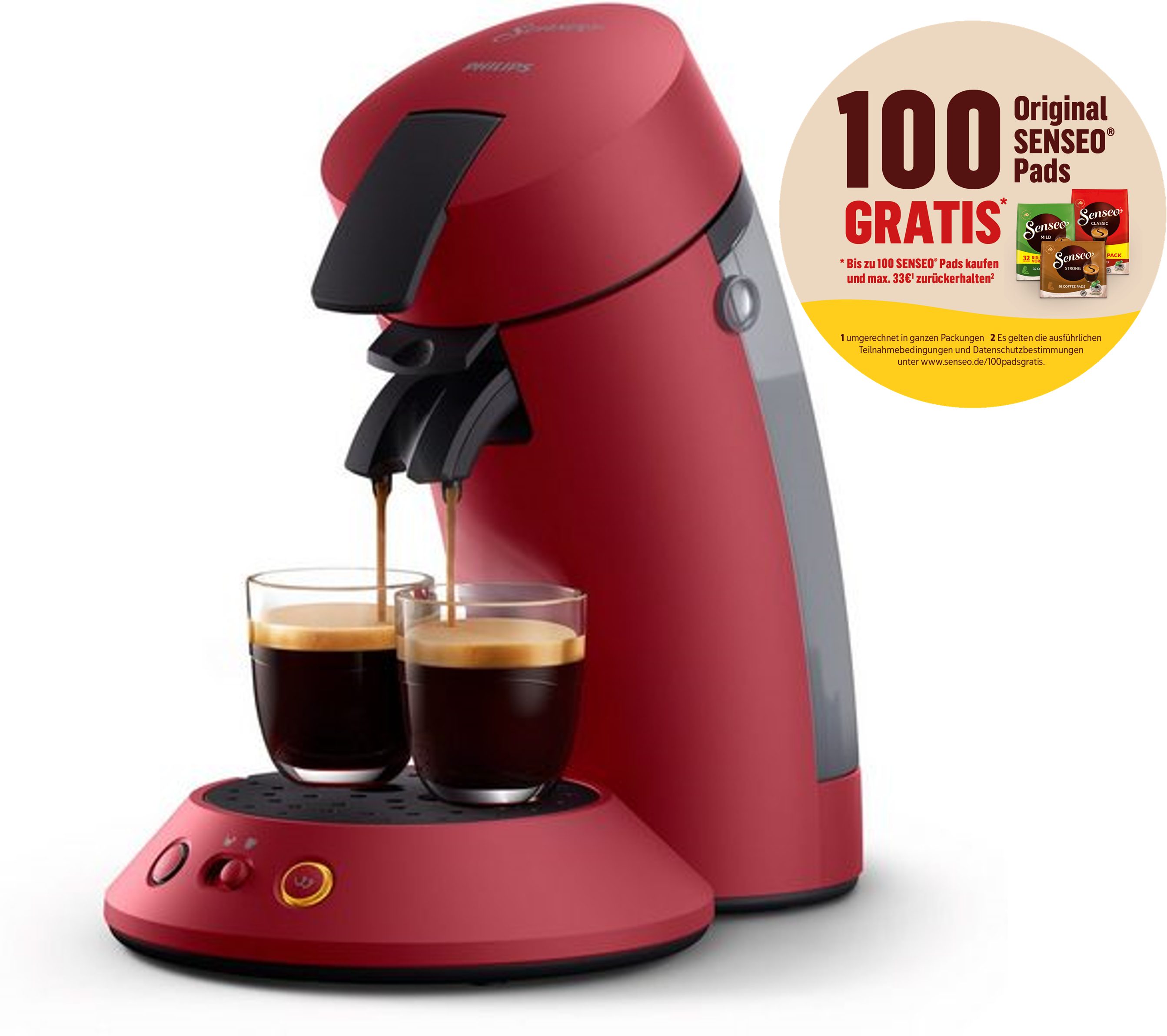 Philips Senseo Kaffeepadmaschine Orginal Plus CSA210/90, aus 28% recyceltem Plastik und mit 2 Kaffeespezialitäten, dunkelrot