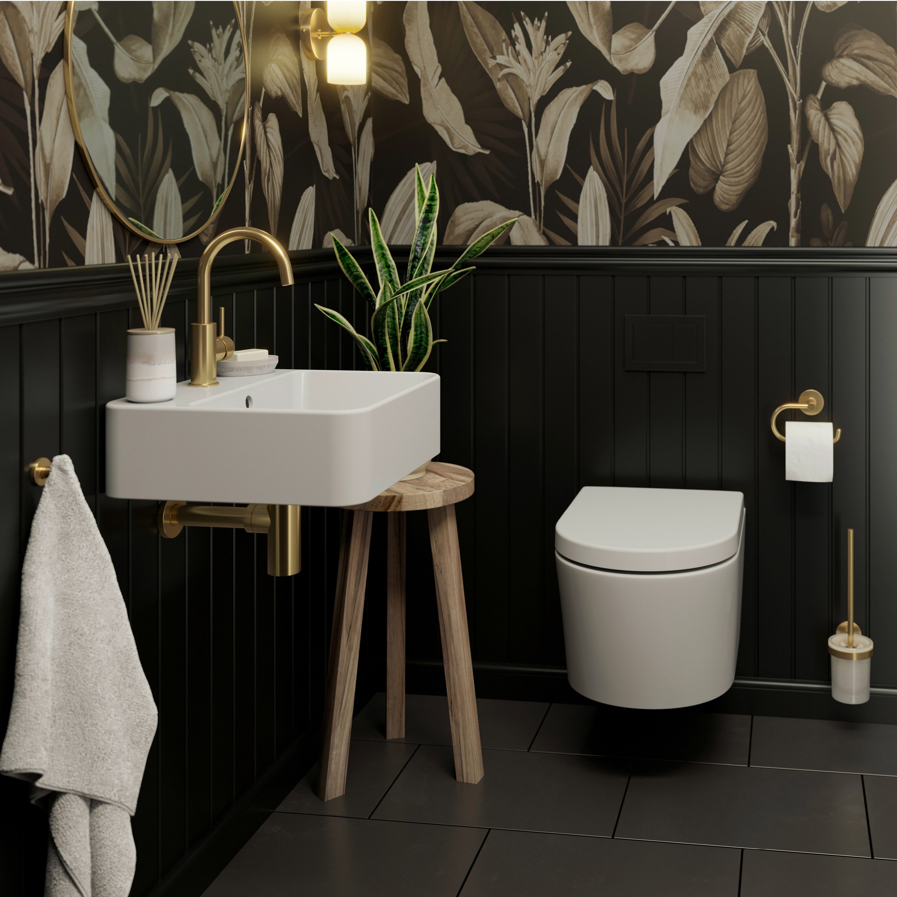 Lenz WC-Komplettset PERFECT FIT Gästebad, WC, Waschbecken, Armatur, Accessoires, Siphon, wandhängend, (Gäste-Bad-Set Komplettes Gästebad als Set), 8-teiliges Bad-Set