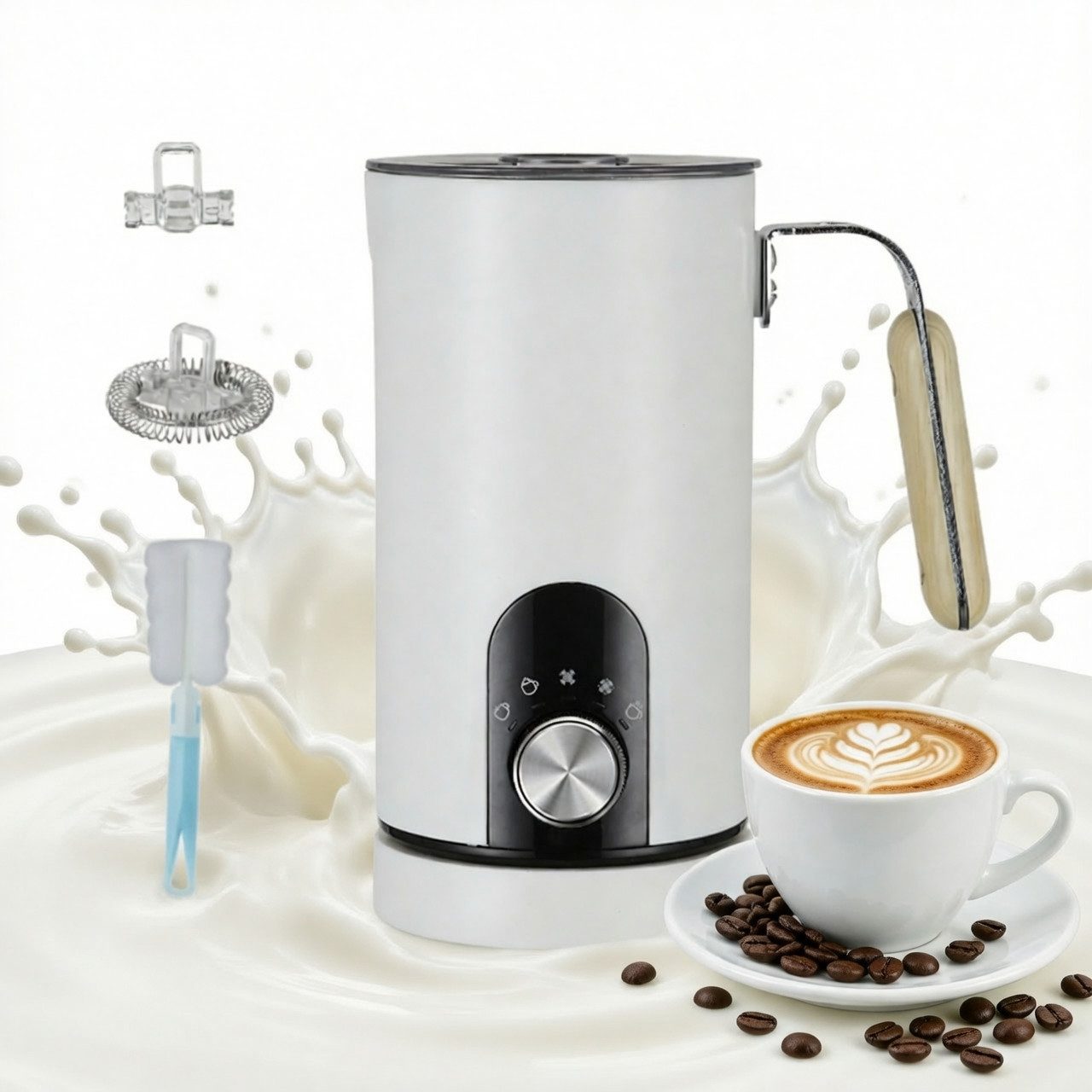 BBG Milchaufschäumer Elektrischer Milchaufschäumer mit Drehknopf, 5 Modi, Heiß & Kalt, 500 W, 350ml Milch erhitzen, 150ml Milchschaum, Leise 30dB