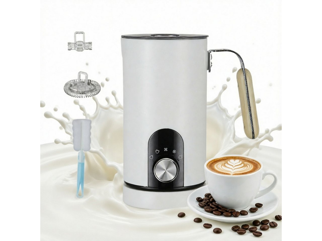 BBG Milchaufschäumer Elektrischer Milchaufschäumer mit Drehknopf, 5 Modi, Heiß & Kalt, 500 W, 350ml Milch erhitzen, 150ml Milchschaum, Leise 30dB