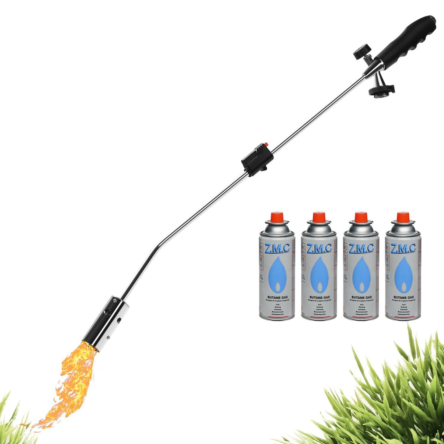 ZMC Flambierbrenner Amazon_Unkrautvernichter + 4 Stk. Gaskartuschen (18861), (Brenner Kohleanzünder Gasbrenner Unkrautvernichter Bunsenbrenner Lötbrenner Unkrautreiniger Lötlampe Unkrautreiniger, Unkrautreiniger), mit Piezo-Zündung Abflammgerät Flammsprit