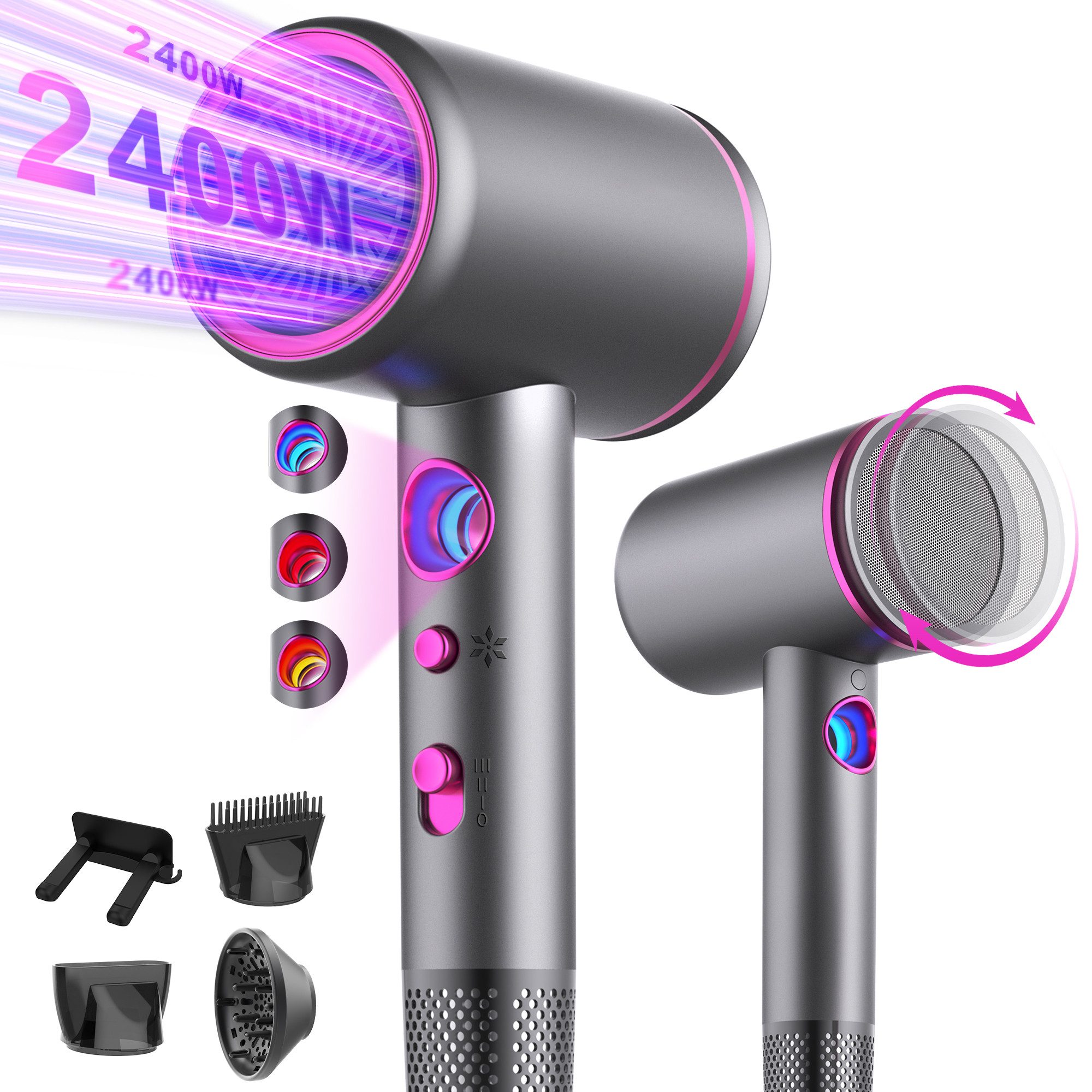 ibettertec Haartrockner Haartrockner Föhn Ionen 2400W,Anti-Spliss mit Kaltluft Modus, 2400,00 W, (25m/S, 3 Stylingaufsätze, angereichert mit Keratin und, Mandelöl, Ionenpflege - Anti Frizz, langlebiger AC-Motor)