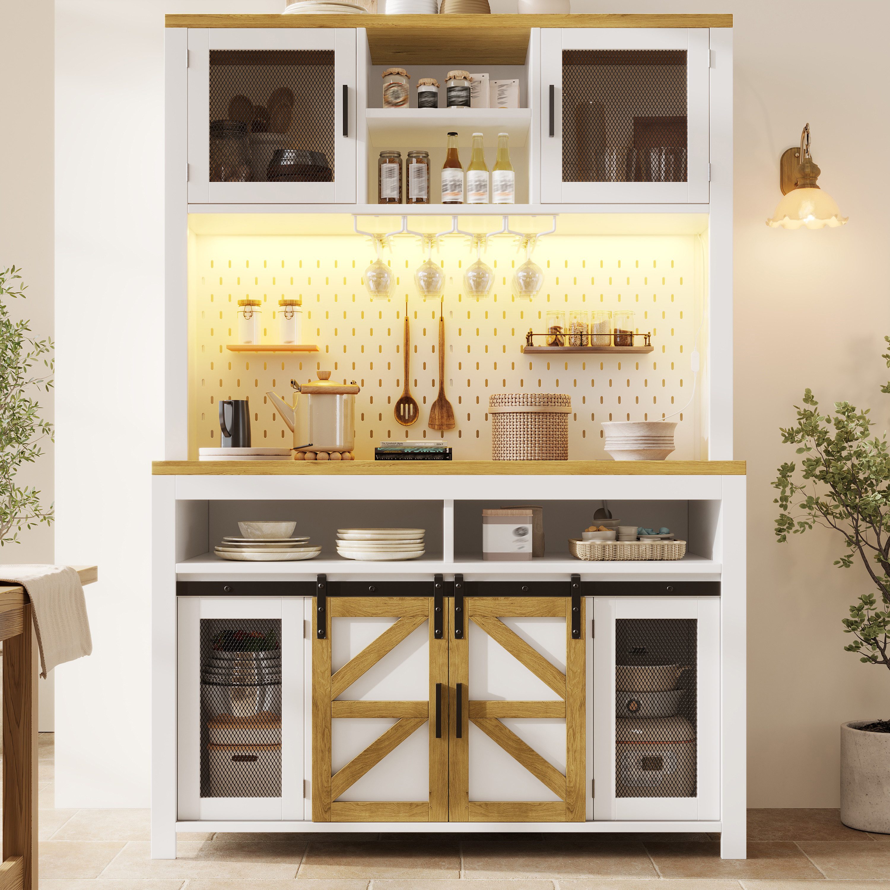 TavilaEcon Küchenbuffet Küchenschränke, Hochschrank mit USB-Anschluss & LED-Beleuchtung (1-St) mit großzügiger Arbeitsfläche für Küche, Esszimmer
