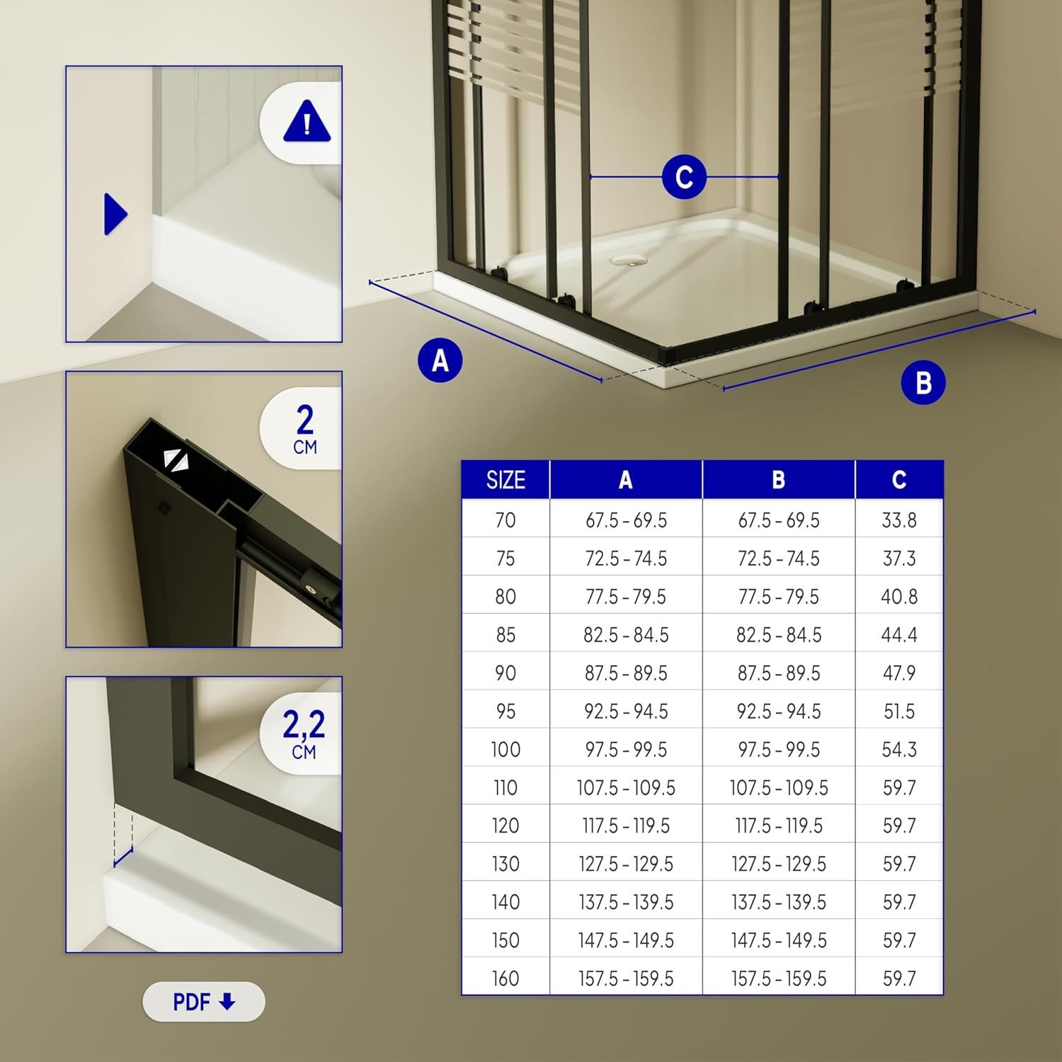 i-flair Eckdusche Schiebetür Duschkabine DANIELLE aus teilsatiniertem 6 mm ESG, BxT: 70x70 cm, Einscheibensicherheitsglas, ohne Duschtasse, mit hochwertigen Aluminiumprofilen in schwarz, ebenerdiger Einbau möglich, mit Schiebetüren