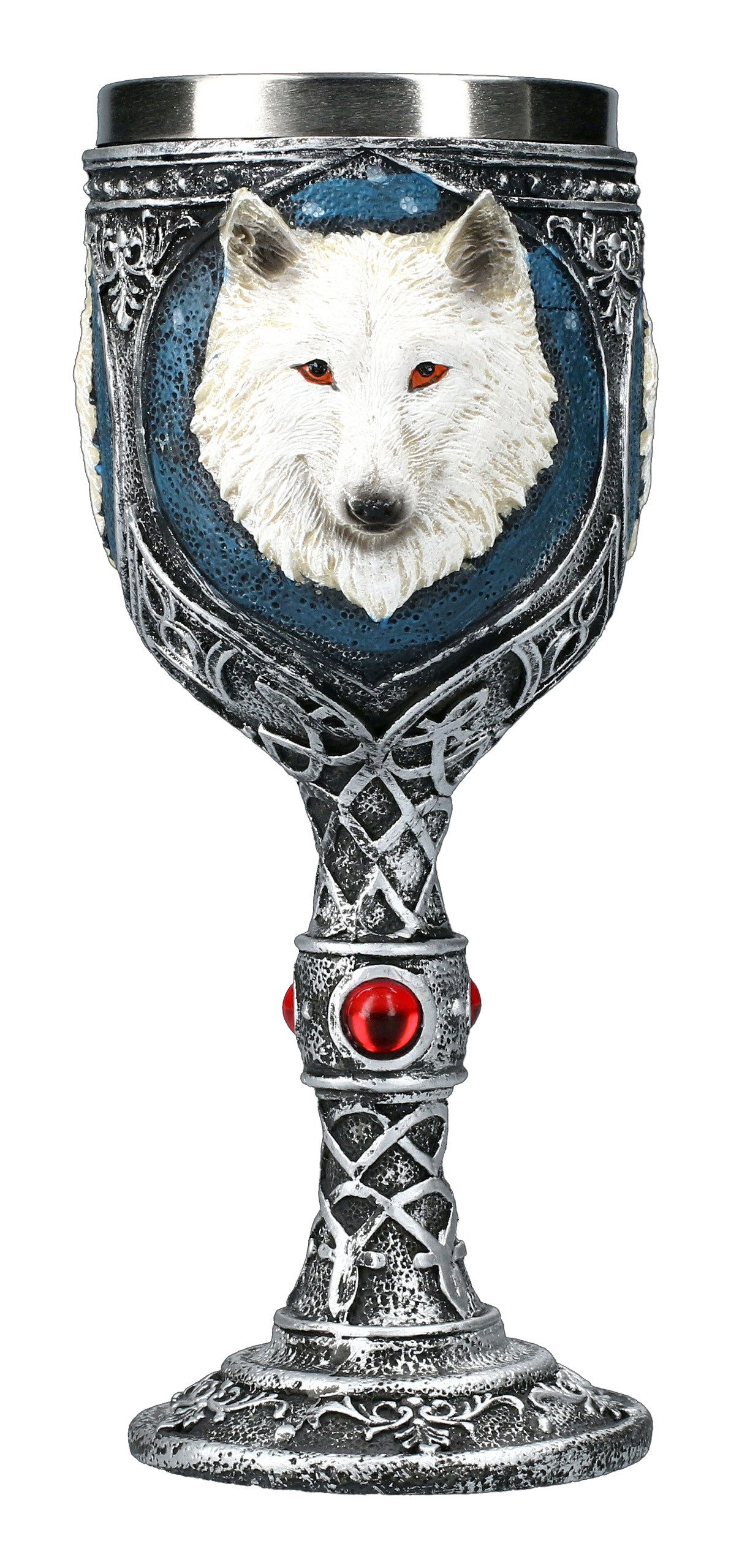 Figuren Shop GmbH Кружки Fantasy Kelch - Weißer Wolf mit roten Schmucksteinen - Dekoration, Kunststein (Polyresin), Edelstahl