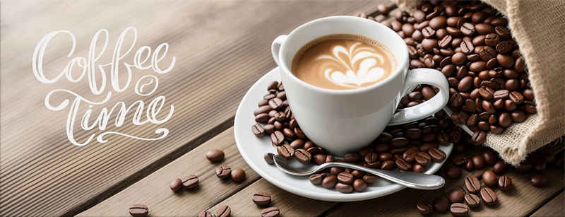 artissimo Glasbild Glasbild 80x30cm Bild aus Glas Küche Küchenbild Kaffee Cafe braun, Essen und Trinken: Kaffeetasse / Kaffebohnen