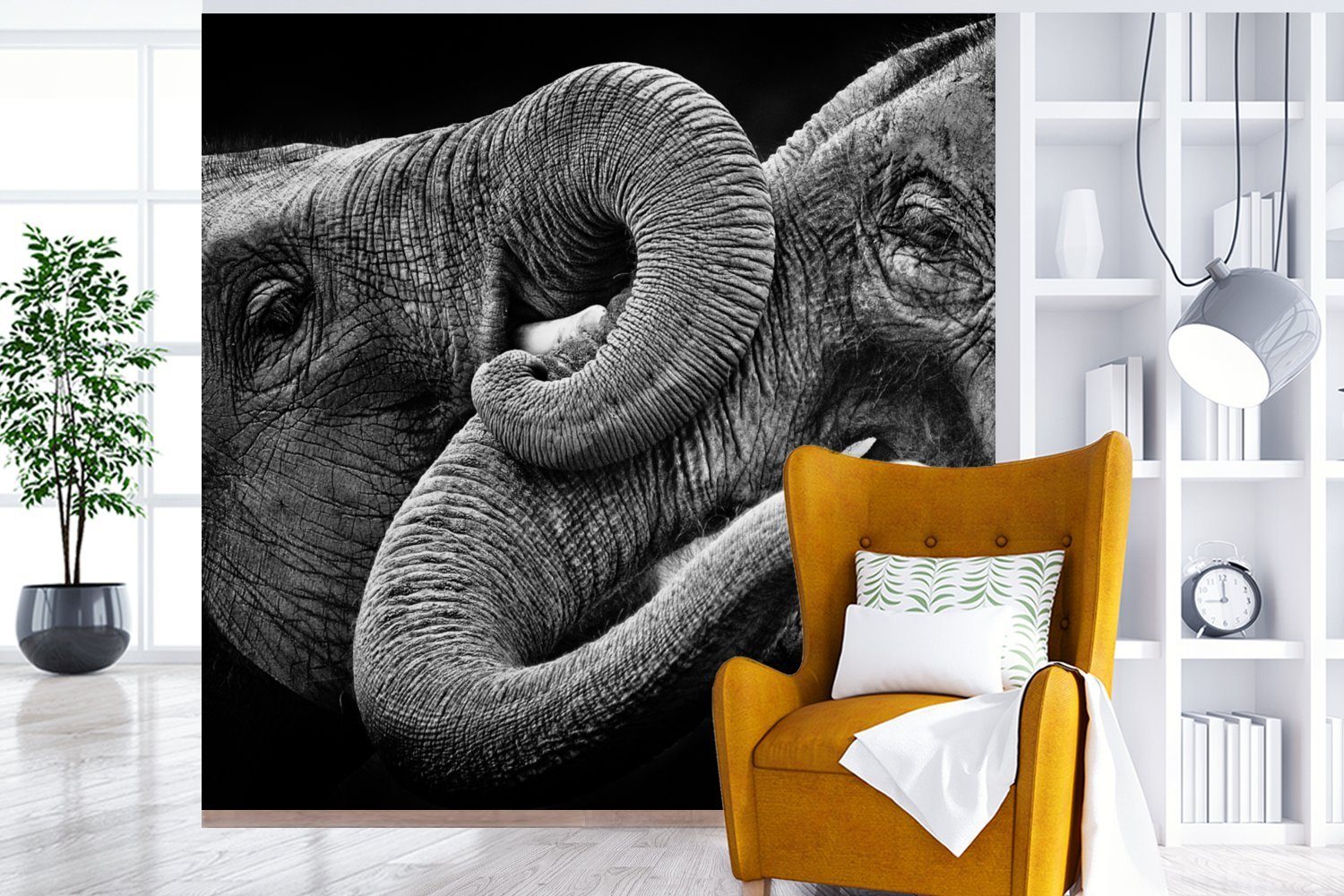 MuchoWow Fototapete für Schlafzimmer, - St), Wohnzimmer Wandtapete Elefant oder - (5 Matt, Tapete - Tiere bedruckt, Vinyl Schwarz Weiß