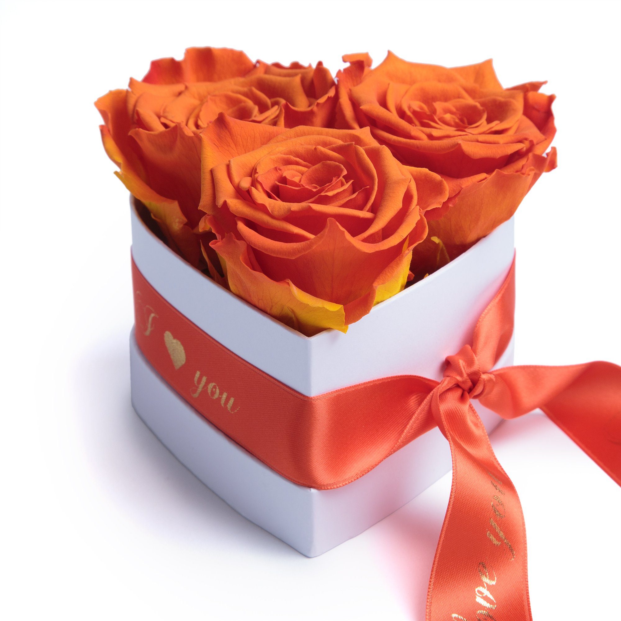 Kunstblume Rosenbox Herz 3 konservierte Infinity Rosen in Box I Love You Rose, ROSEMARIE SCHULZ Heidelberg, Höhe 8.5 cm, Valentinstag Geschenk für Sie Orange