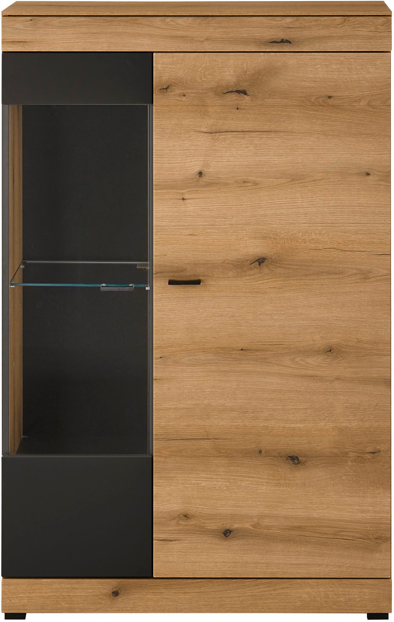 Home affaire Vitrine Soleto, Vitrinenschrank in Evoke Eiche, moderne Glasvitrine ausreichend Stauraum, schwarze Griffe aus Metall, zeitlos