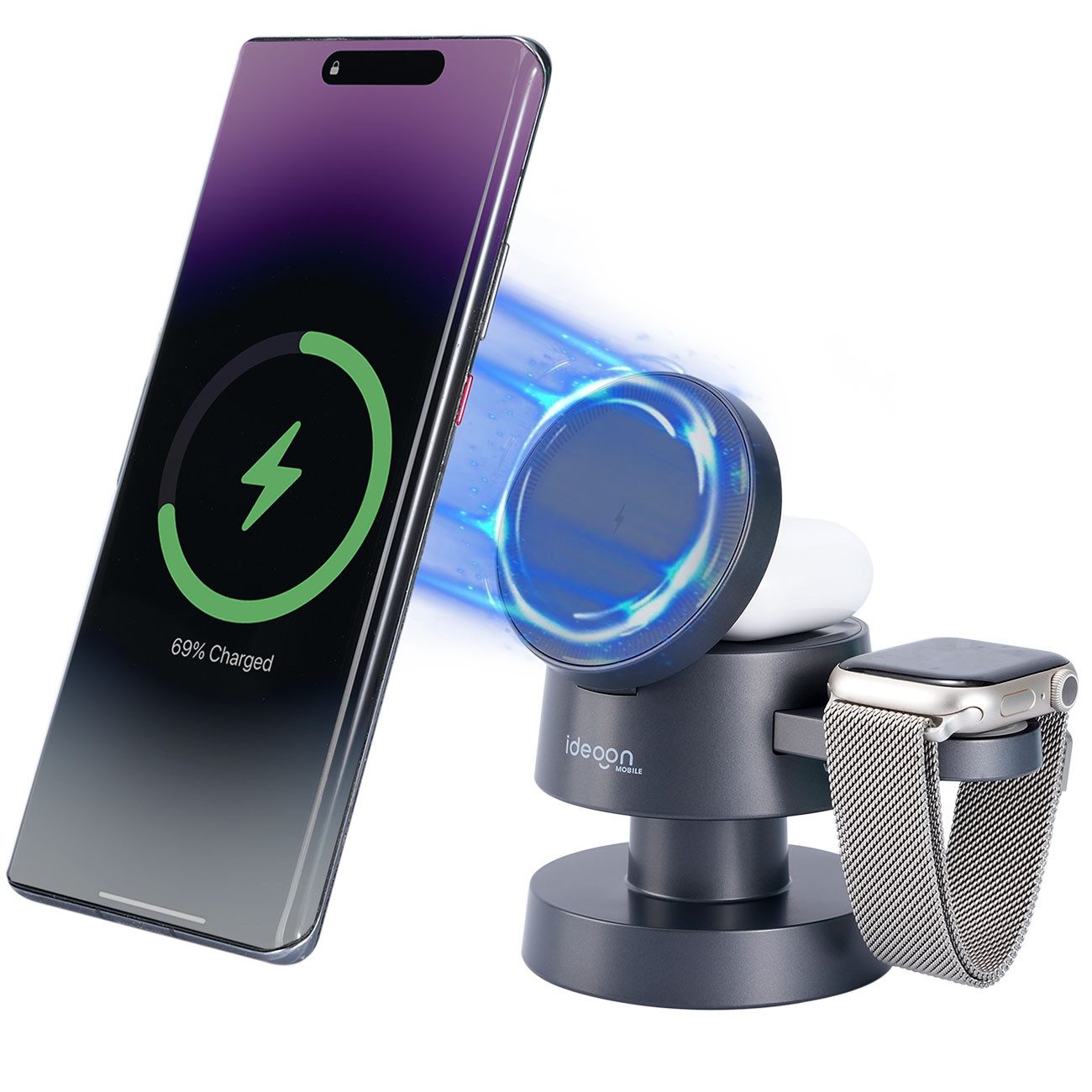 shop'n smile ideoon Multifunktionale Kabellose Ladestation 15W mit Nachtlicht USB-C 3in1 Ladestation (3in1 Wireless Ladestation 15W Handy, 5W AirPods, 3W Watch + Licht)