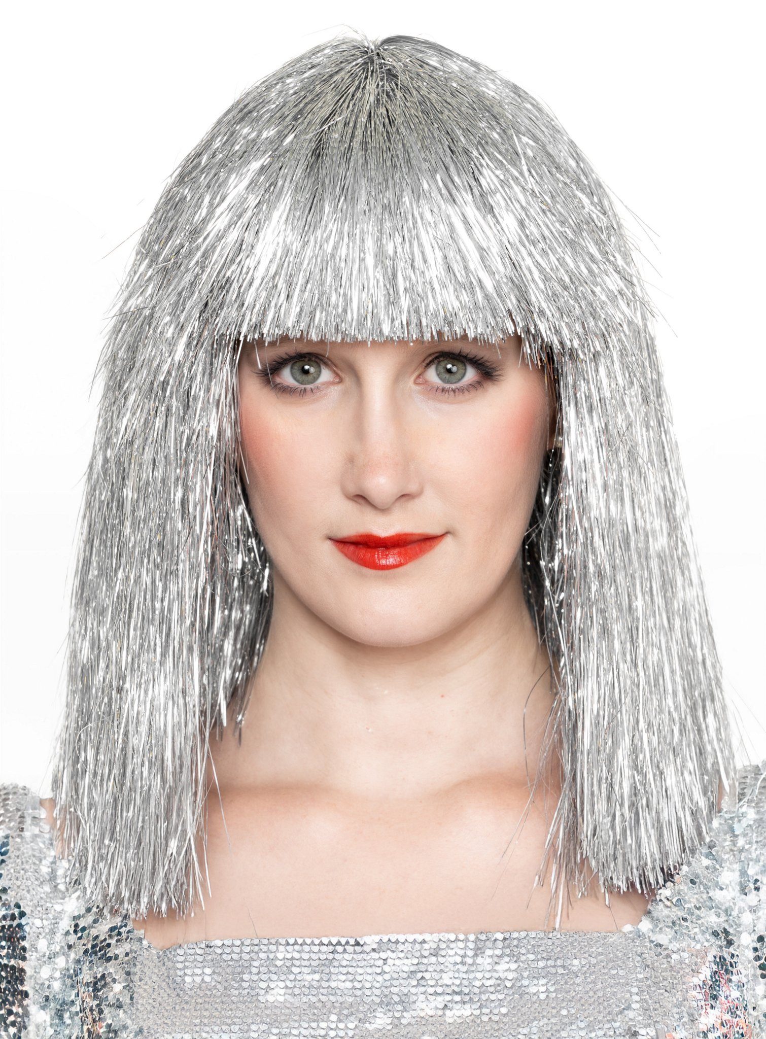 Maskworld Kostüm-Perücke Lametta Perücke silber, Metallisch glitzerndes Kunsthaar für Silvester, Club oder Festival