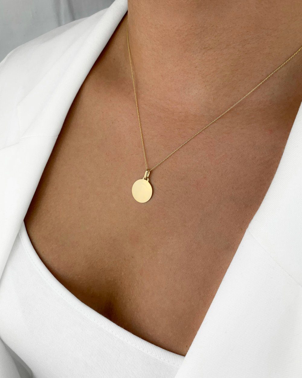 DANIEL CLIFFORD Goldkette 'Klara' Damen Halskette 585 Gold mit Gold Plättchen Anhänger (inkl. Verpackung), 14 Karat Echtgold, runder Anhänger 14mm