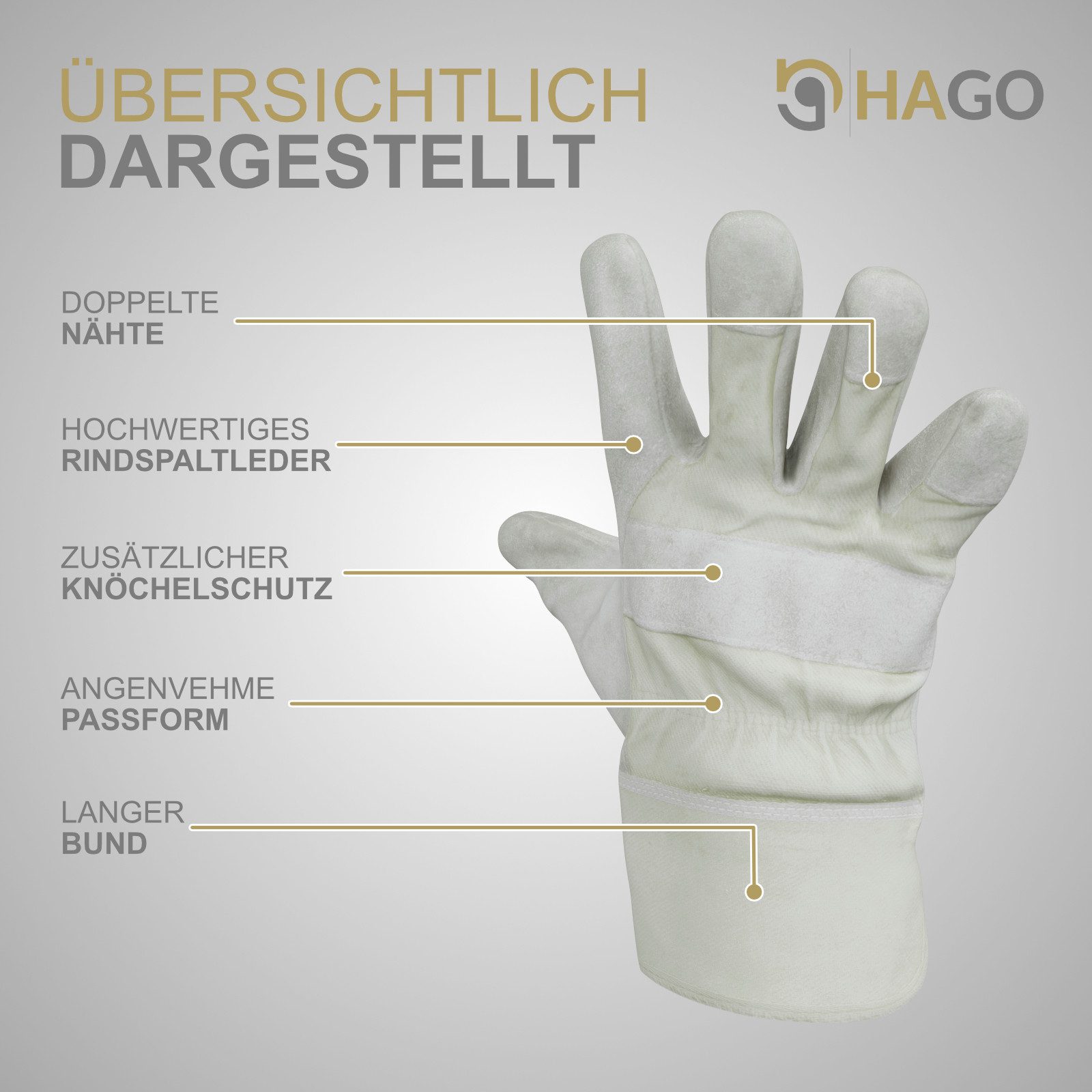 HAGO Arbeitshandschuhe 12er Pack Rindspaltleder Größe 8 M Handschutz Lederhandschuhe Montage 0