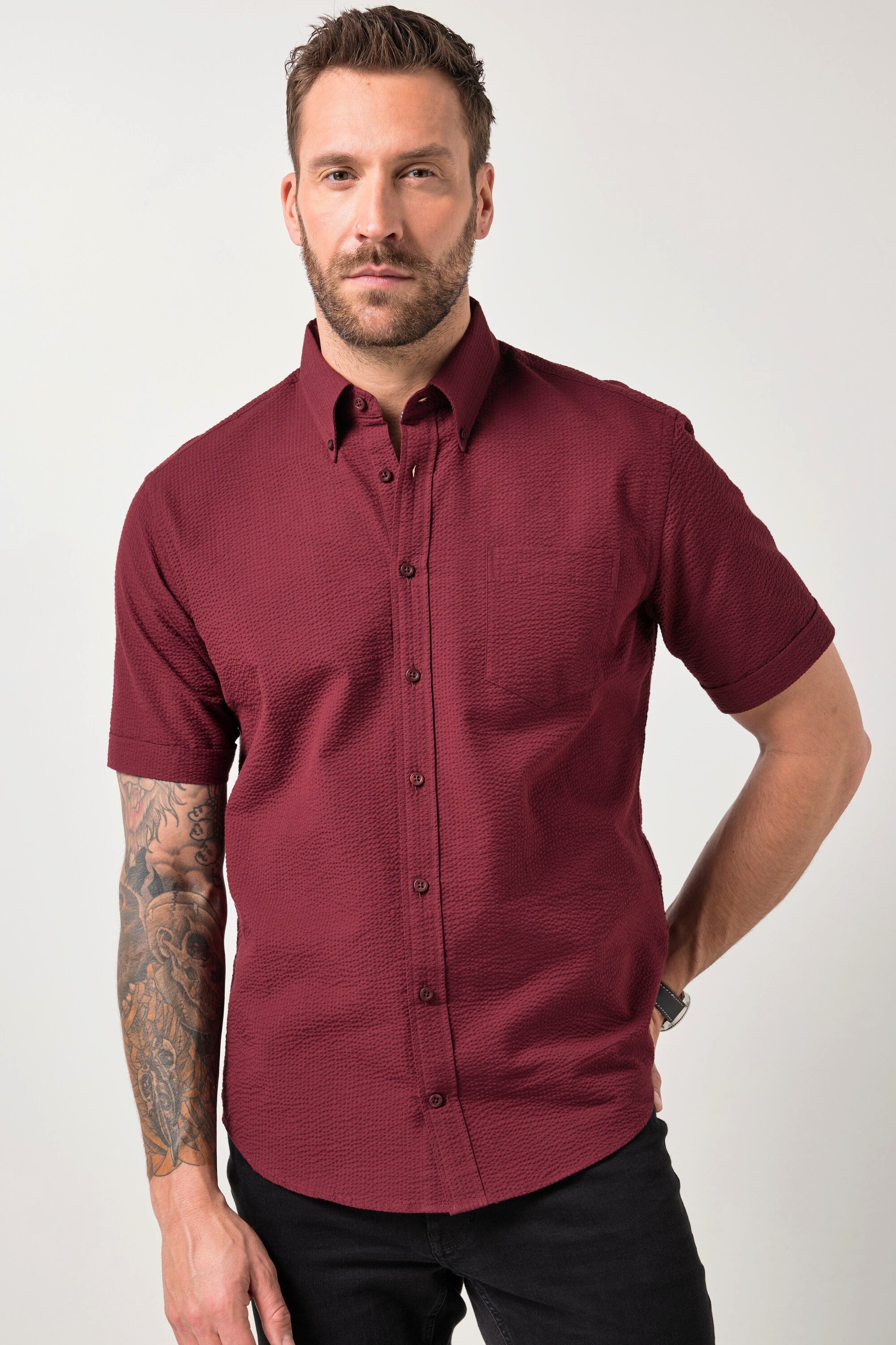 JP1880 Kurzarmhemd Seersucker-Hemd Halbarm Buttondown-Kragen