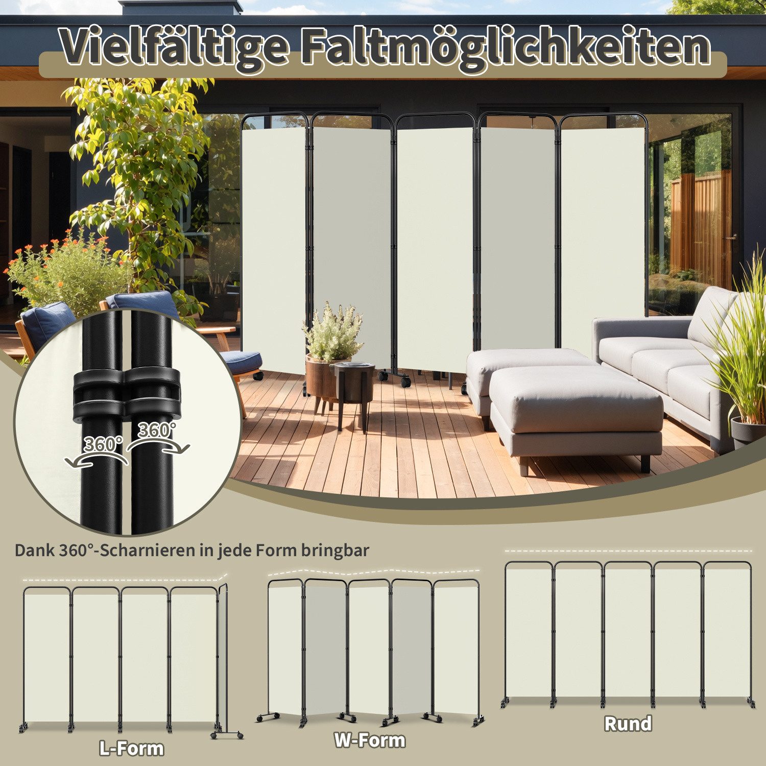 Clanmacy Paravent Trennwand auf Rollen Sichtschutz Raumteiler Klappbar Outdoor Garten – Bild 4 von 5