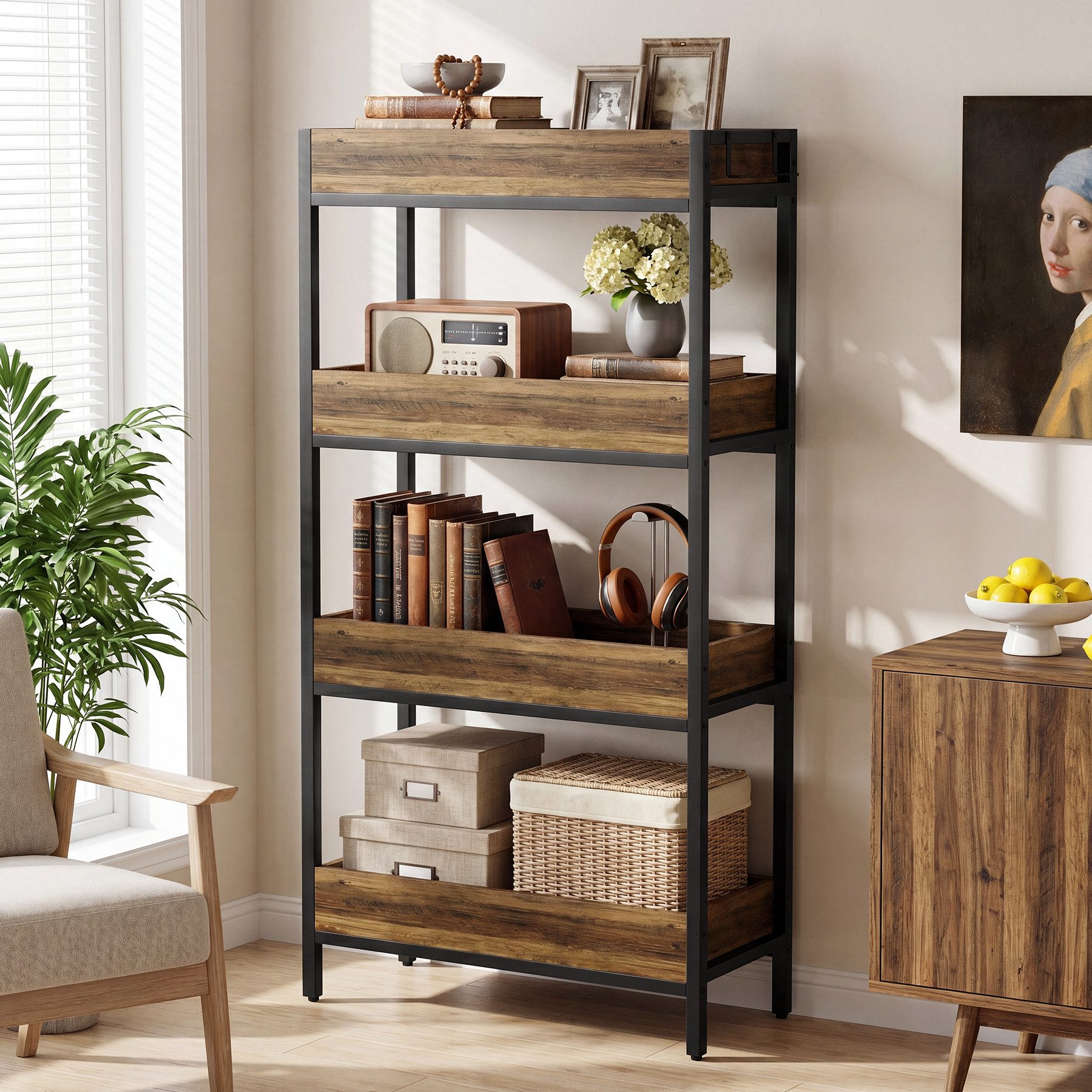 Tribesigns Bücherregal 4-stöckiges Aufbewahrungsregal, 140 cm hohes Standregal mit 4 Haken