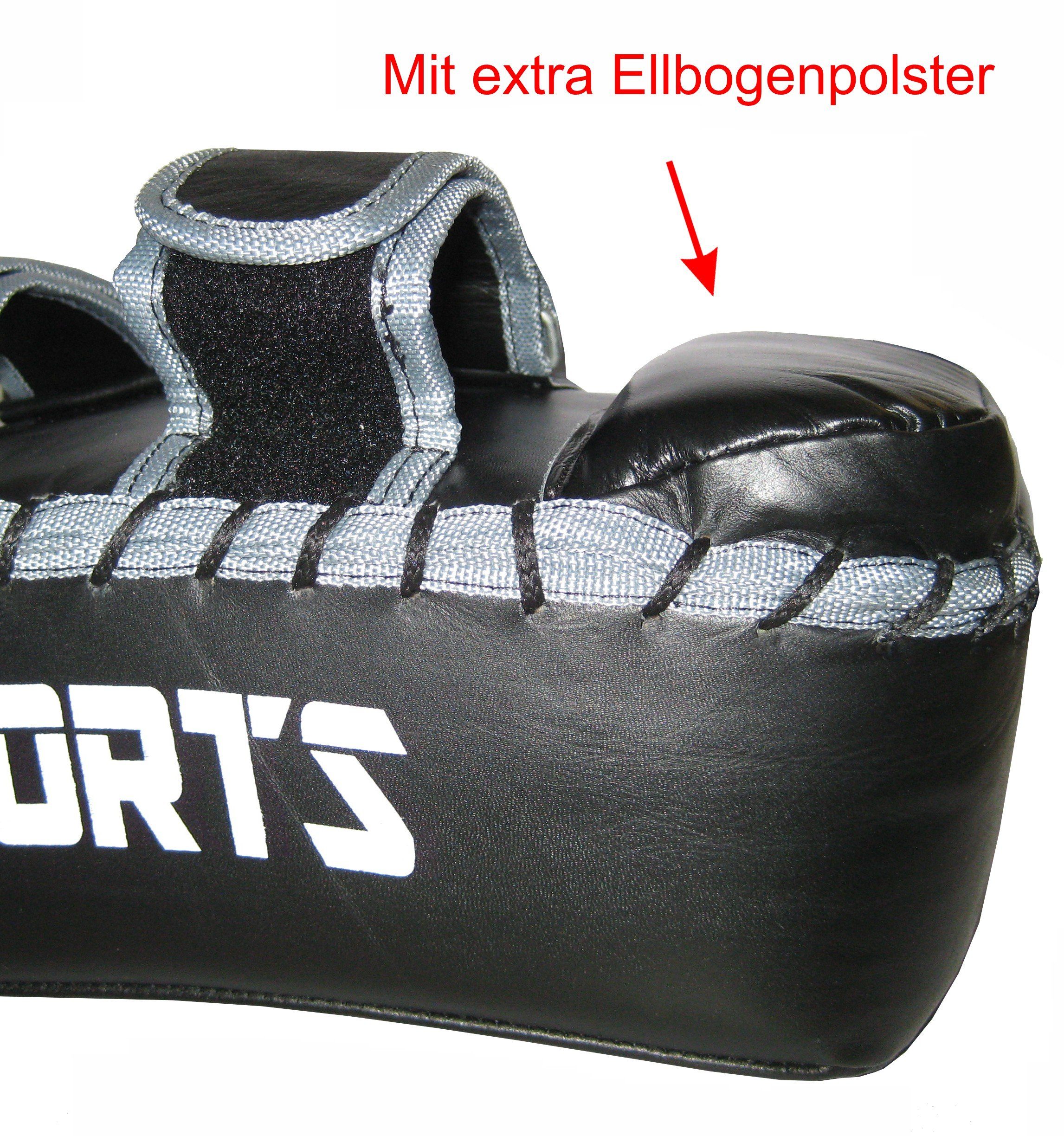 BAY-Sports Schlagpolster Arm-Schlagpolster Thai Pad Pratze Thaiboxen Muay Thai Kickboxen Leder, mit Ellbogenpolster, 42 cm, gebogen, Echtes Leder