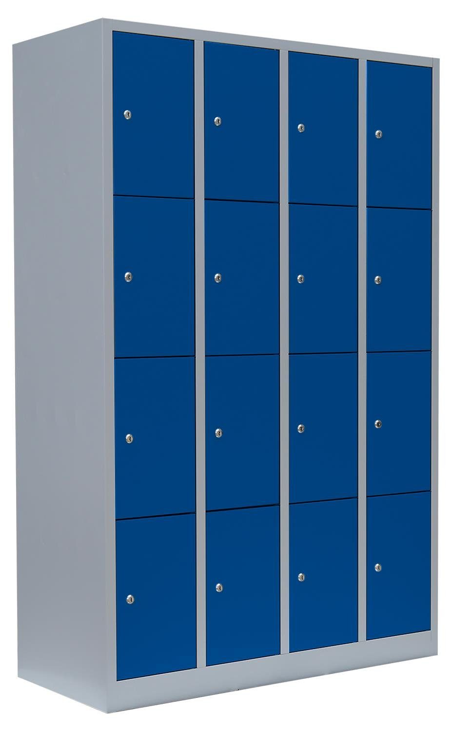 Steelboxx Fächerschrank keine x (1-St) 5010 - Lüllmann® montiert 7035 RAL Fächern, verschweißt Enzianblau Lichtgrau 4 Schließfachschrank, x Montage Abteile, Türen: Komplett | RAL 1170 16 Lichtgrau/ Korpus: und erforderlich 1800