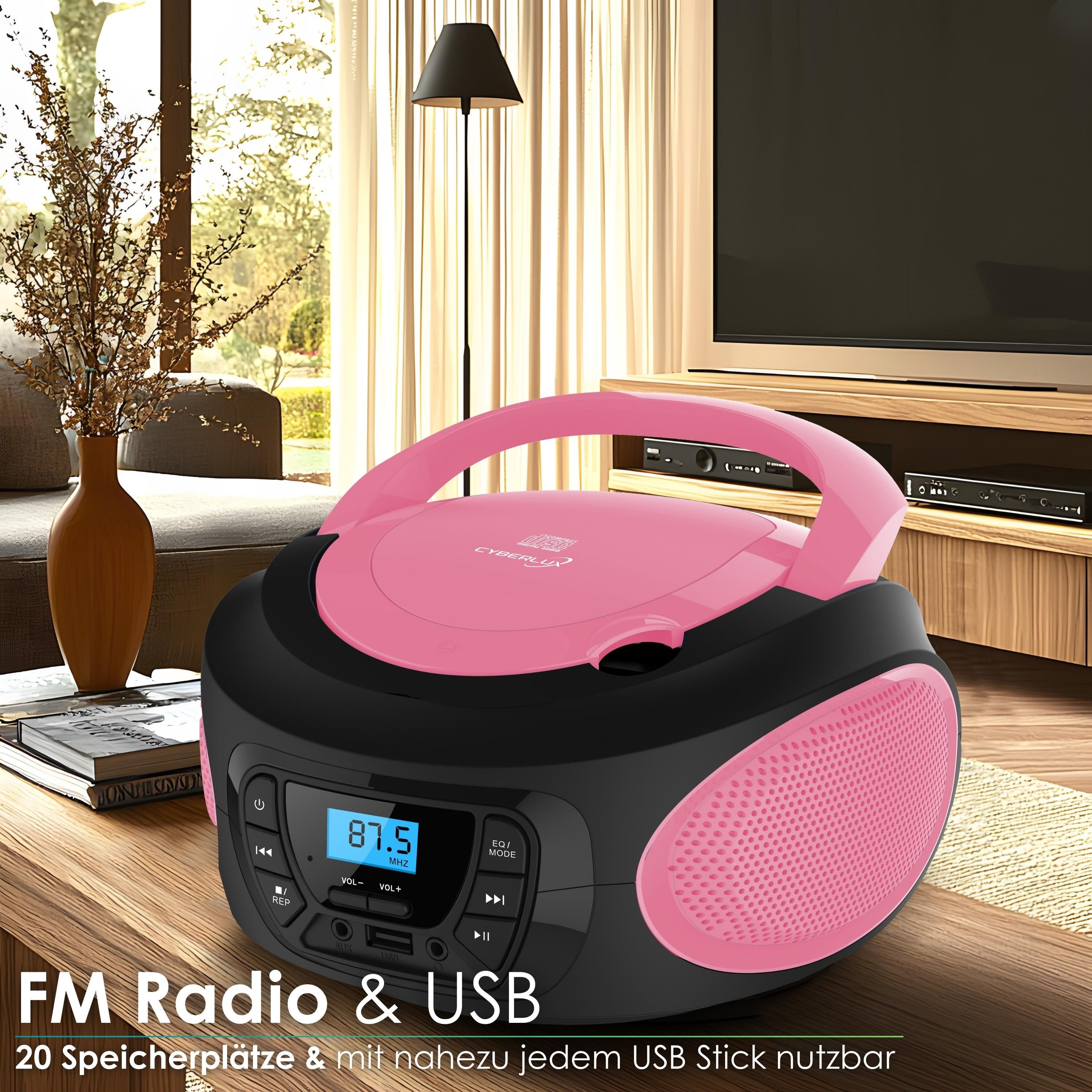 Cyberlux CL-620 tragbarer CD-Player (CD, Kinder CD Player tragbar, Boombox, Musikbox, FM Radio mit MP3 USB)