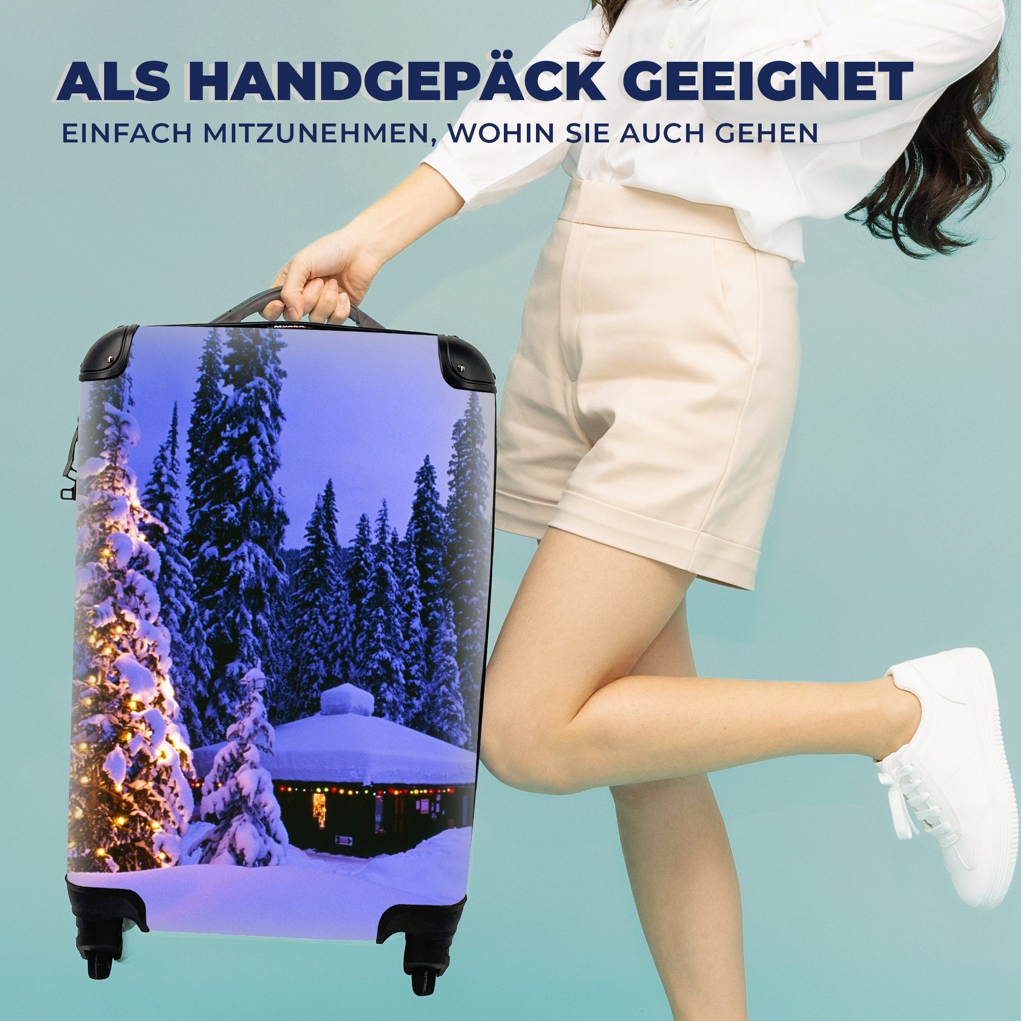 MuchoWow Handgepäckkoffer Rollen, beleuchteten über Die Ferien, rollen, Dämmerung Handgepäck für Trolley, 4 dem Tannenbaum, Reisekoffer Reisetasche mit