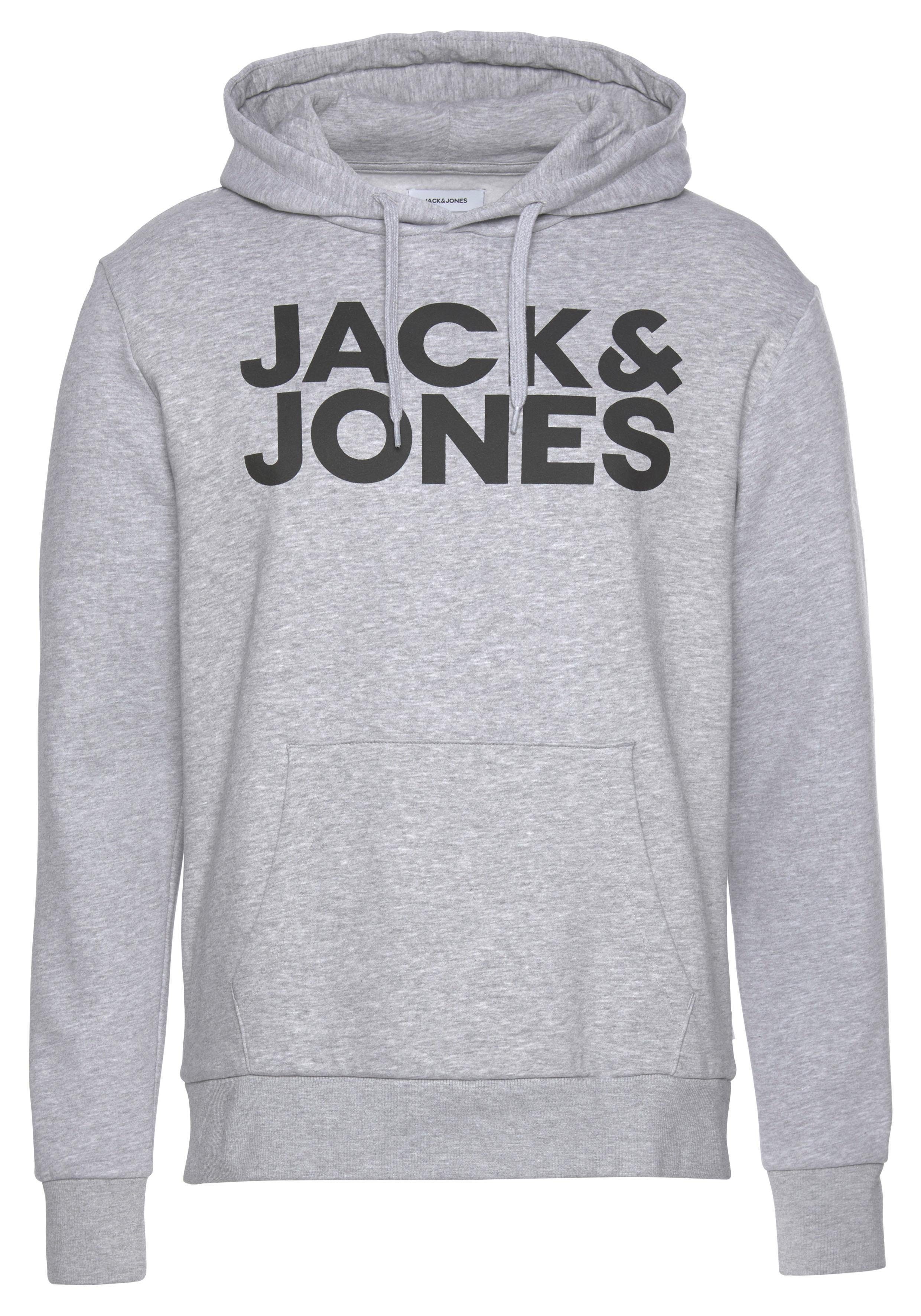 Logoprint Jack Jones Light & Logo Hoodie Kapuzensweatshirt mit CORP Melange Grey