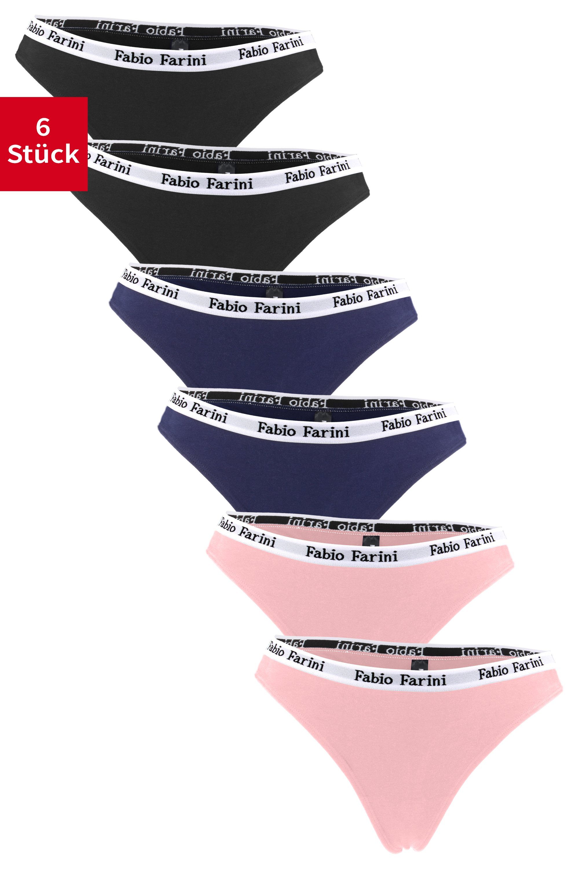 Designerbündchen Unterhosen String Schwarz/Dunkelblau/Rosa 6-St) im Tanga - mit (Packung, aus Baumwolle Farini Frauen Fabio Damen Look sportlichen