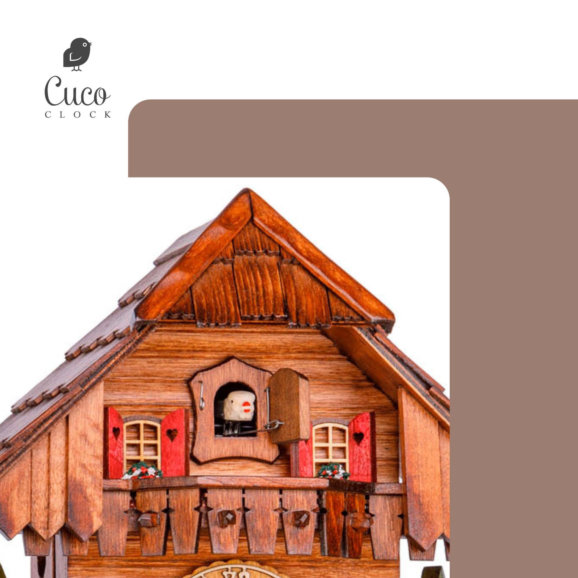 Cuco Clock Pendelwanduhr Kuckucksuhr Schwarzwalduhr "Der Holzhacker" Wanduhr aus Holz (17 x 23 x 26cm, 1 - Tage Werk, manuelle Nachtabschaltung)